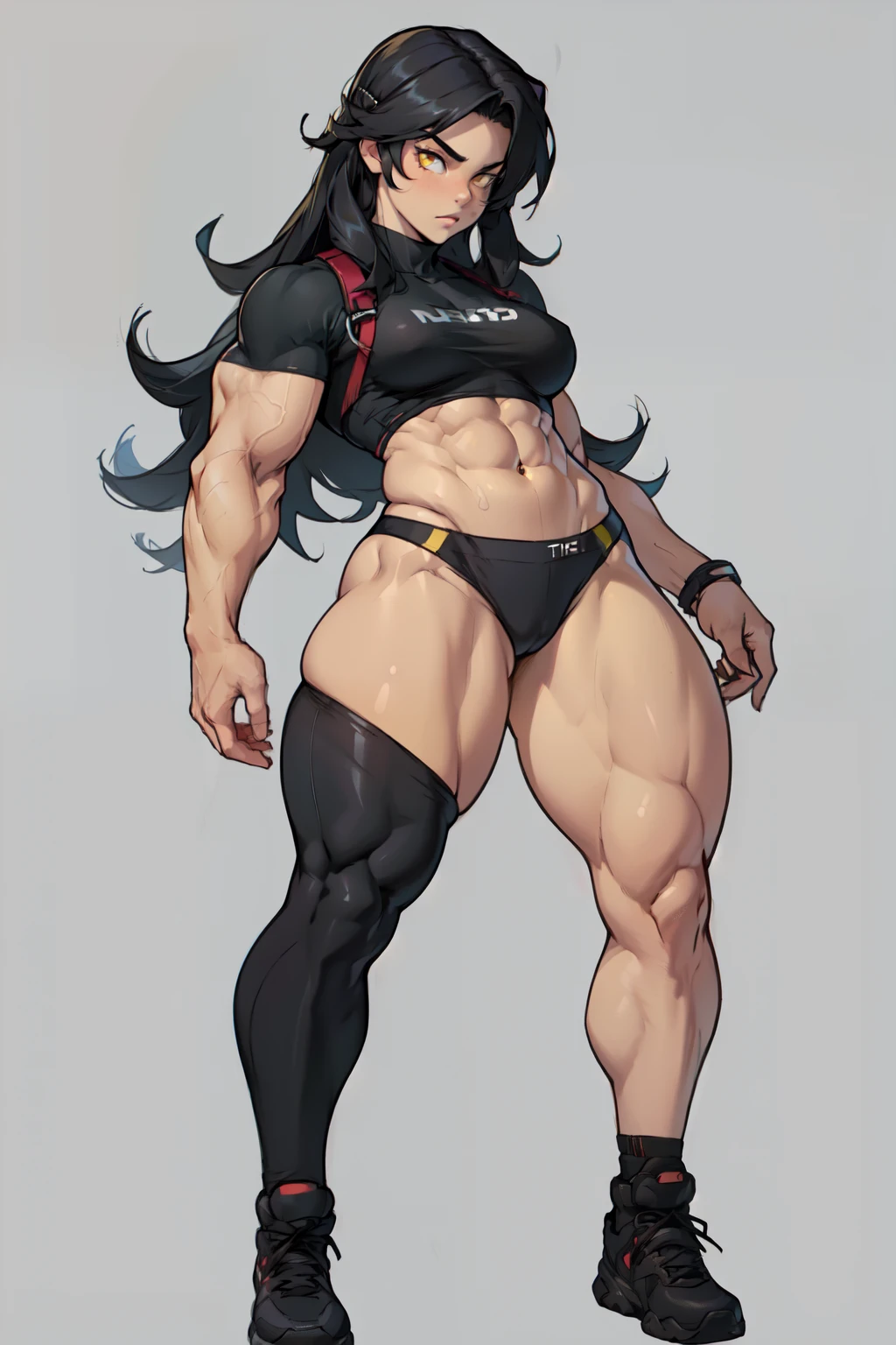 (((((muscular 1girl))))) ((((thick thighs toned body small breasts)))) (pale skin) black hair yellow eyes very long hair ((full body)) tight shirt tight pants