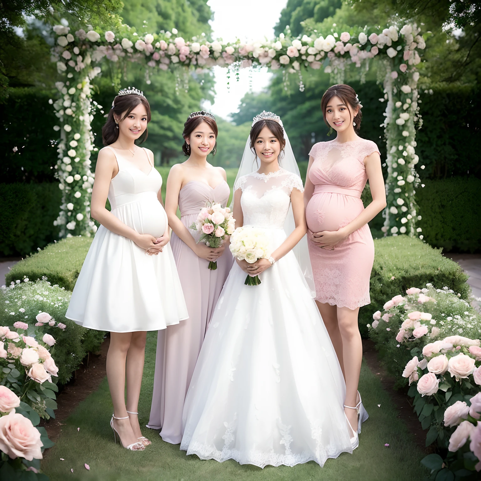 ((2 females,2 Pregnant women,2 Japan pregnant women,Japan pregnant 2,Pregnant,2 pregnant women,Pregnant women,Pregnancy,Japan pregnant women,Big belly,Very big belly,Two women are a parent and a child,Mother and daughter mother and daughter,Expectant mother and expectant daughter,One is a petite, short girl about 15 yeadaughter is young and shorter than her mother,The other is a beautiful mother who is taller than her daughter, who is about 35 years old..)),(Smile here,View here,It's the perfect camera gaze),(finerly detailed face,Lifelike face,Fine teeth,Clean teeth,White teeth,perfect teeth,A slight smil),beautiful tiara,Tiara tiara and jewelry,Sparkling tiara,8K、hightquality、The best images、beautiful image、flower gardens、(Flower Tunnel,Arch of roses,Flower Arch,A large amount of roses,surrounded by flower,a large amount of flowers,Pink and white roses,numerous roses,Pink roses,white roses,Bride surrounded by flowers)、bride、A slight smil、wedding dress、Fantastical