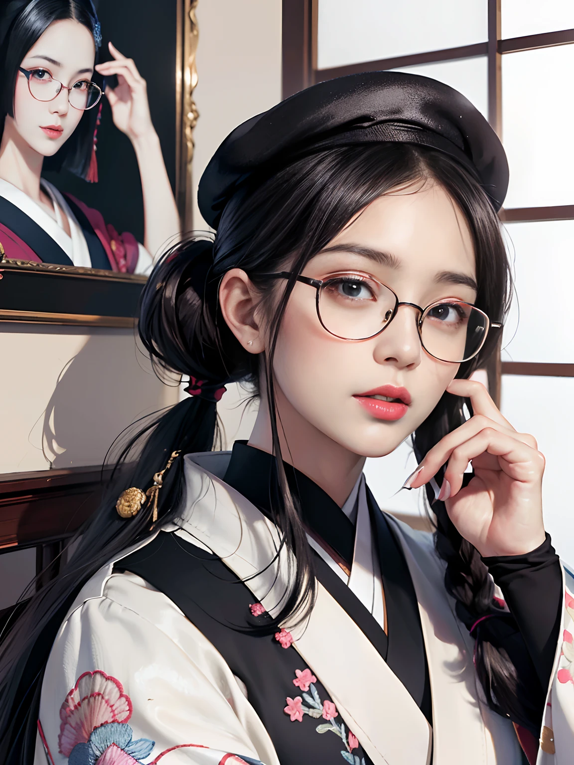 Background of details(Paintings hanging on the wall),break elaborate costume(Luxury kimono(Colorful kimono(detailed embroidery))),BREAK 1 Beautiful and Classy Adult Woman(Japanese actressl:1.2)(glossy dark hair(beret),(poneyTail:1.2)),(eye glasses:1.2), Wallpapers 16K,Blur the background,(masutepiece:1.5), (Best Quality:1.5),(Portrait photos:1.5),(full bodyesbian:1.5)