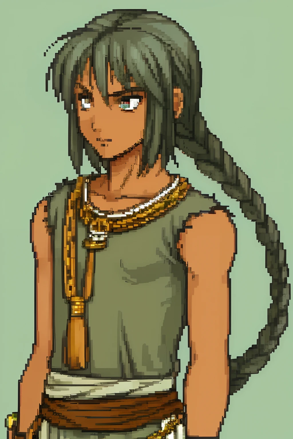 solo focus, Vanilla Fire Emblem, Desaturated Sprite, Half Body, no frames, young man, slim body, sleeveless top, greenish black hair, tribal, tan, dark skin, pretty, pretty boy, Myrmidon, beautiful, young man, twink, tribal clothing, soft smile, large eyes, round eyes, feathers in hair, skinny boy, long hair, braided hair, big eyes, soft features, huge eyes, androgynous, femboy