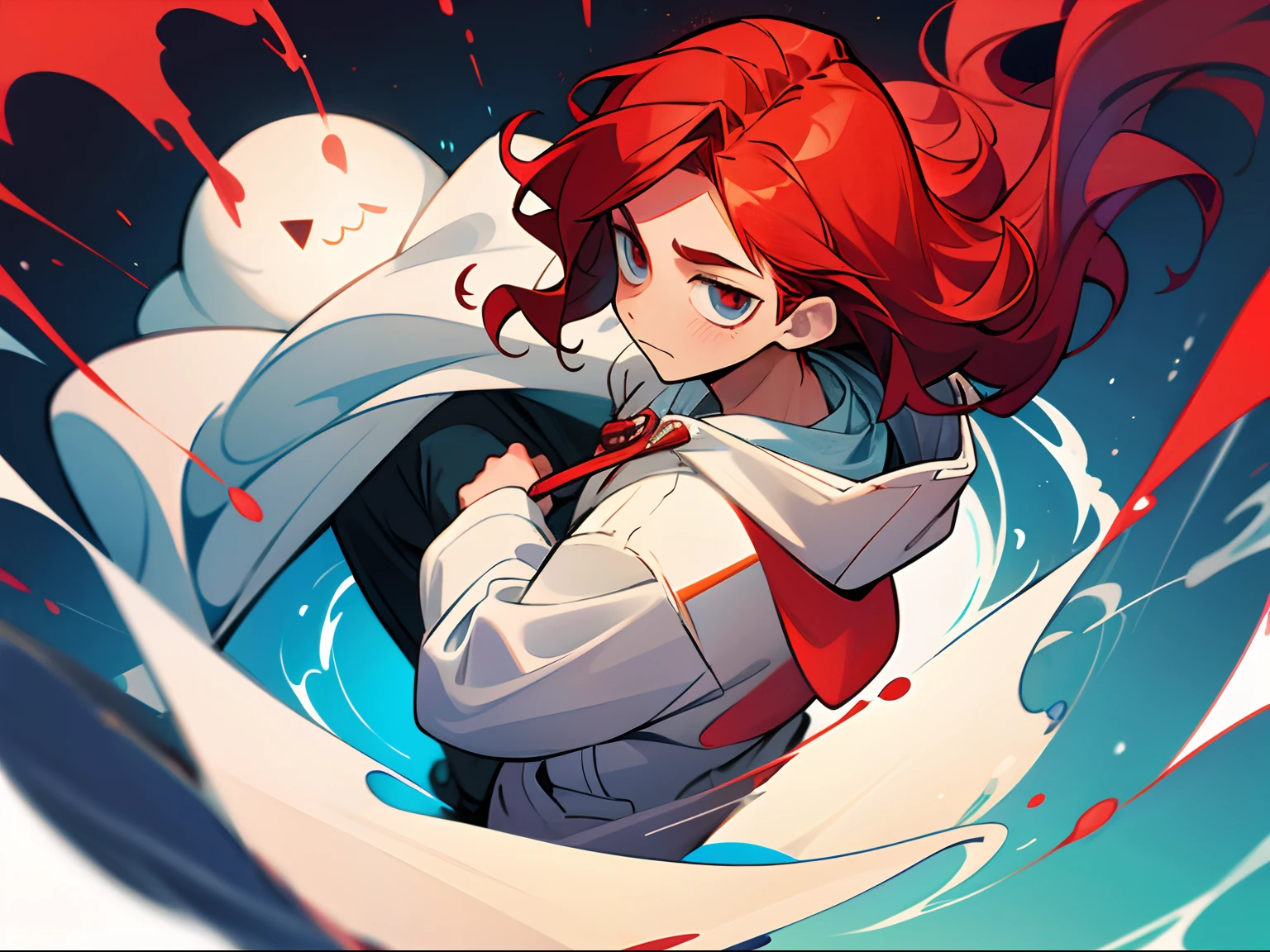 1 boy, ((solo)), boy, long wavy red hair, white hoodie, big body, wine eyes, neutral face expression, ink effects, view from above