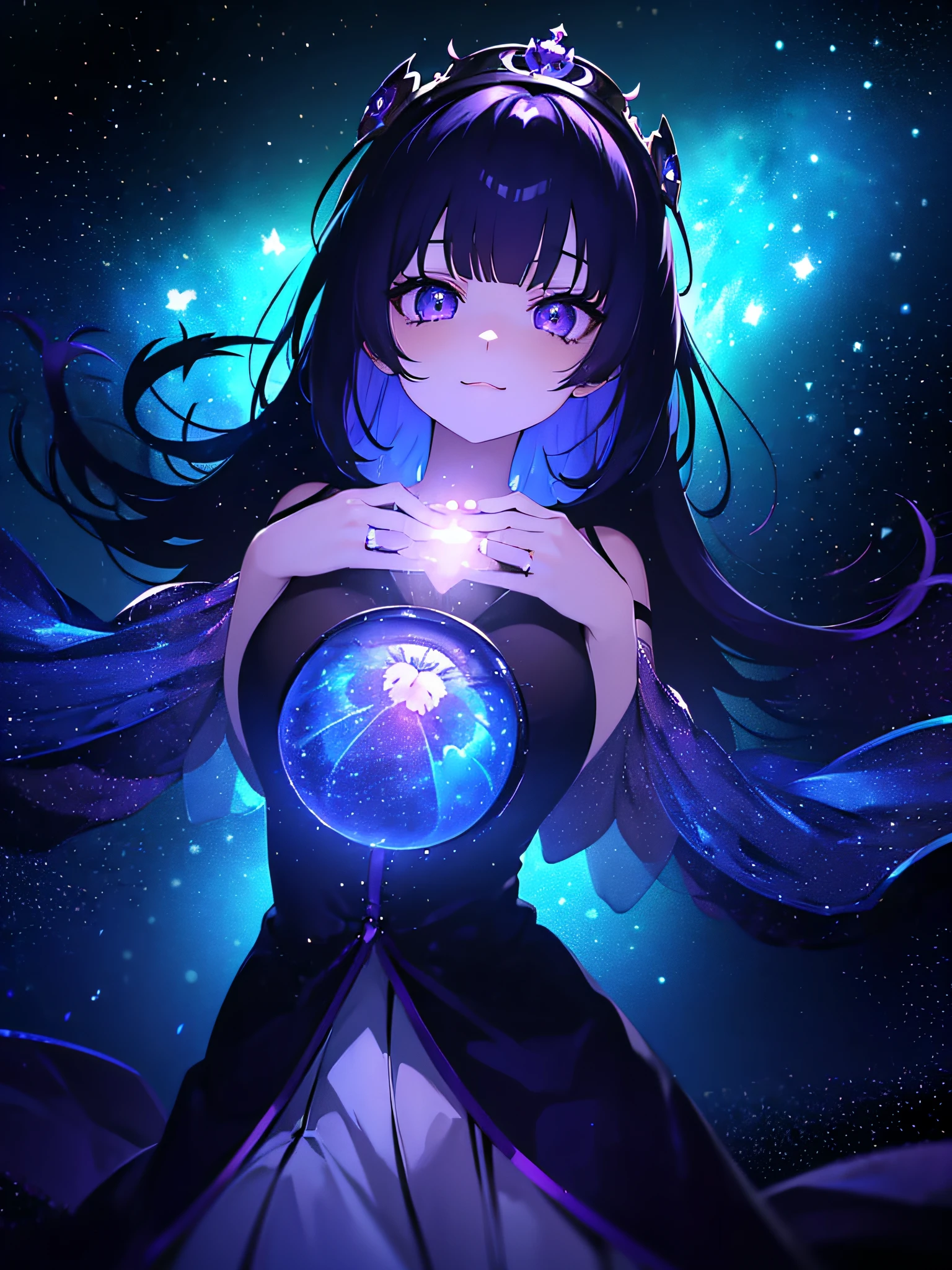 (masutepiece:1.3), (Best Quality:1.3), High resolution, Couboy Shot, on  back, Sleeping, (One Cute Girl:1.3), Solo, White skin、 huge smile、angel ring on head、Angel Ring、eight-headed person, Purple hair, (bobhair:1.2), Mixed mesh and light blue、Short hair, (Blunt bangs:1.2), Beautiful hair, Eyes are purple, Miraculous Eye、Beautiful detailed eyes, ultradetailed eyes、Glitter eyes、octans,cloud,from the rear、Colorful starry sky,Stars,Iridescent aura around the eyes、Various poses、Iridescent eyes、Narrowed eyes sucked in,Wearing a rainbow-colored aura from the whole body、purpleish color, Outdoors, Purple background, Shadow lighting,perfectbody