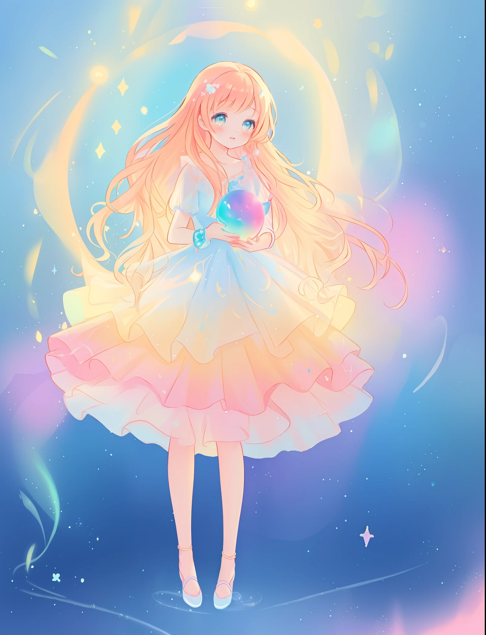 beautiful girl, puffy tiered flower fairy ballgown dress, vibrant pastel colors, (colorful), glowing golden long hair, magical lights, sparkling magical liquid, inspired by Glen Keane, inspired by Lois van Baarle, disney art style, by Lois van Baarle, glowing aura around her, by Glen Keane, jen bartel, glowing lights! digital painting, flowing glowing hair, glowing flowing hair, beautiful digital illustration, fantasia background, whimsical, magical, fantasy, ((beautiful face)), ((masterpiece, best quality)), intricate details, highly detailed, sharp focus, 8k resolution, sparkling detailed eyes, liquid watercolor