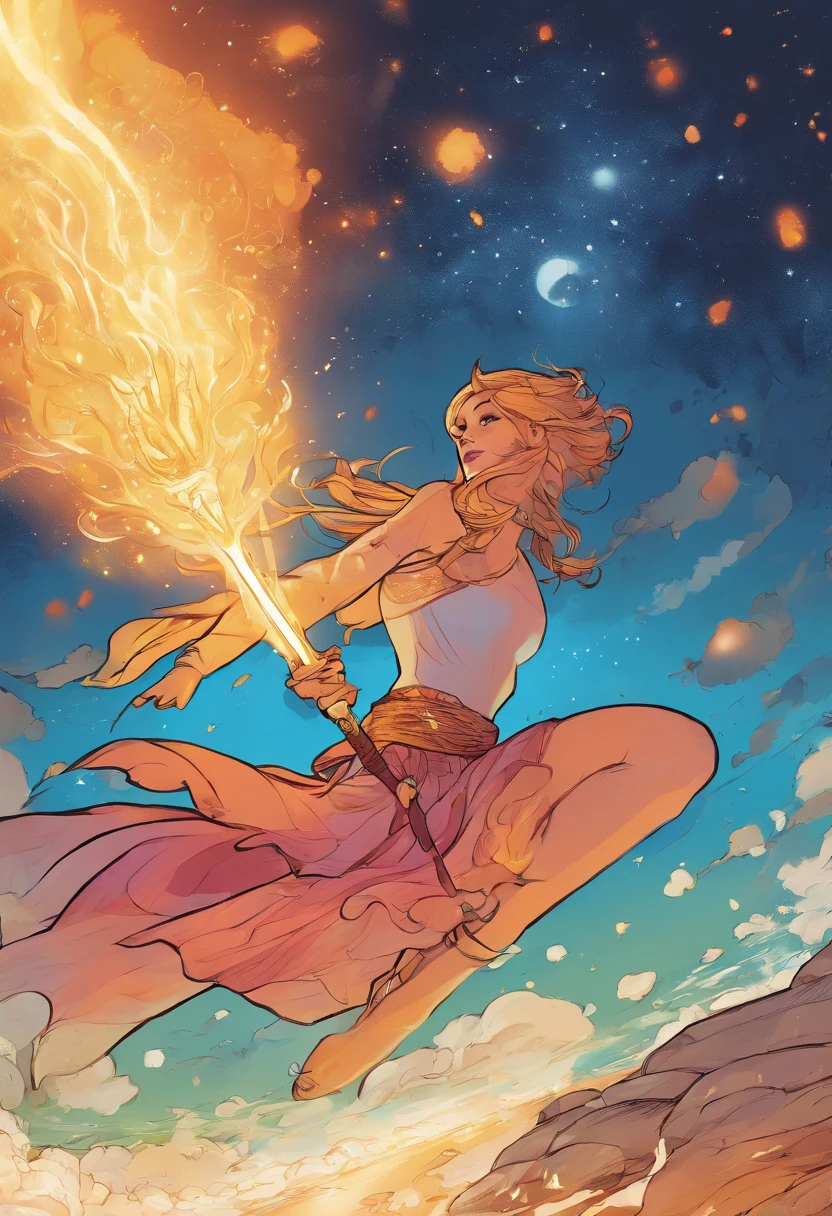 Angei's body glowed with an enchanting light in the sky