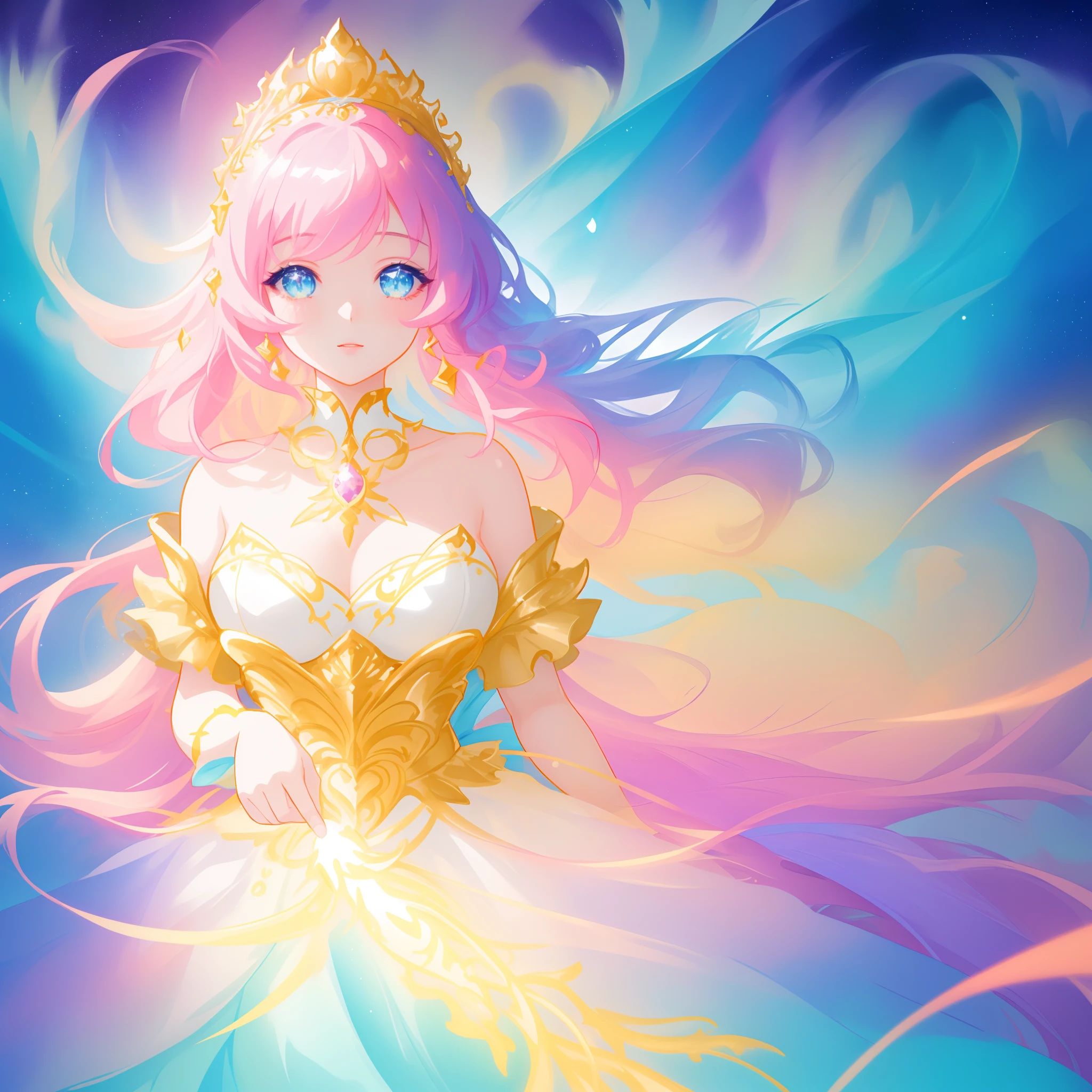 beautiful girl, puffy tiered ballgown, vibrant pastel colors, (colorful), glowing golden long hair, magical lights, sparkling magical liquid, inspired by Glen Keane, inspired by Lois van Baarle, disney art style, by Lois van Baarle, glowing aura around her, by Glen Keane, jen bartel, glowing lights! digital painting, flowing glowing hair, glowing flowing hair, beautiful digital illustration, fantasia background, whimsical, magical, fantasy, ((beautiful face)), ((masterpiece, best quality)), intricate details, highly detailed, sharp focus, 8k resolution, sparkling detailed eyes, liquid watercolor