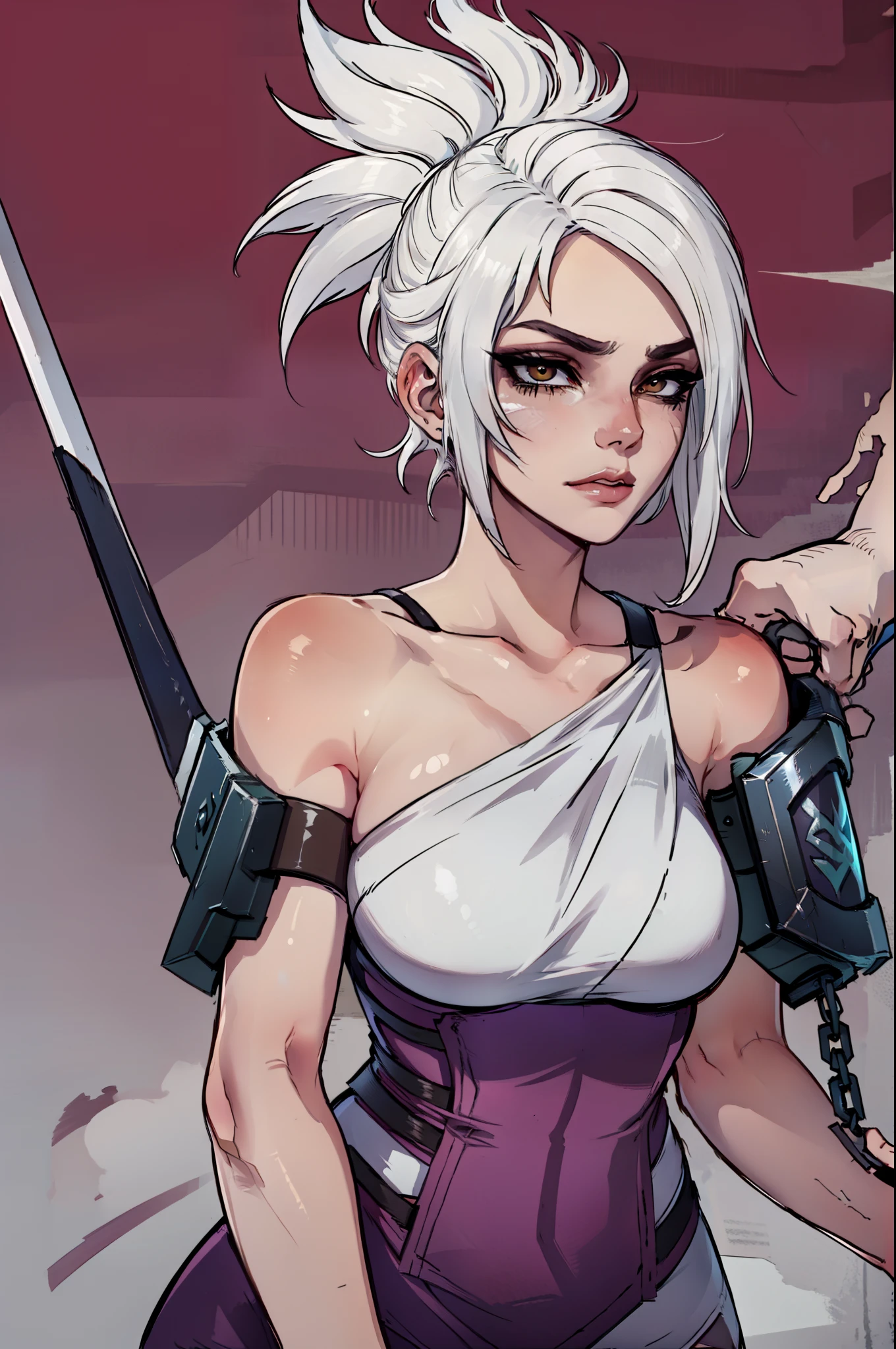 (Masterpiece:1.2), best quality, riven \(league of legends\), 1girl, folded ponytail, short dress, coreset, single pauldron, white hair, black eyeshadow, bare shoulders, upper body, face potrait, detailed, beautiful