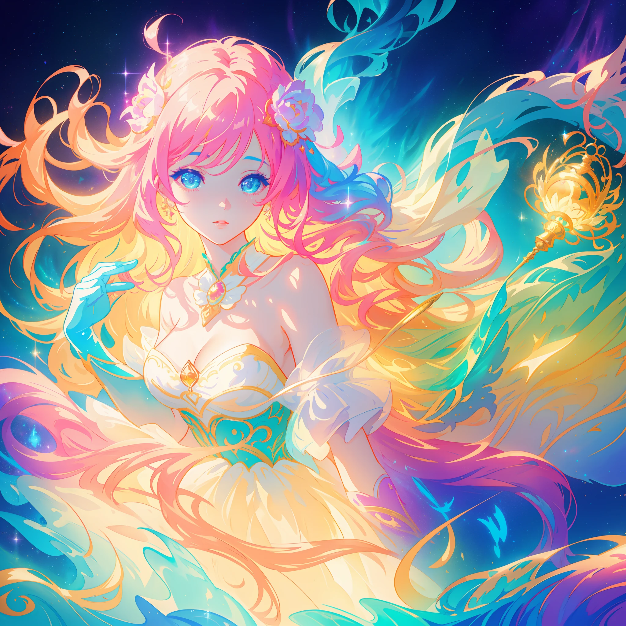 beautiful girl, puffy tiered ballgown, vibrant pastel colors, (colorful), glowing golden long hair, magical lights, sparkling magical liquid, inspired by Glen Keane, inspired by Lois van Baarle, disney art style, by Lois van Baarle, glowing aura around her, by Glen Keane, jen bartel, glowing lights! digital painting, flowing glowing hair, glowing flowing hair, beautiful digital illustration, fantasia background, whimsical, magical, fantasy, ((beautiful face)), ((masterpiece, best quality)), intricate details, highly detailed, sharp focus, 8k resolution, sparkling detailed eyes, liquid watercolor
