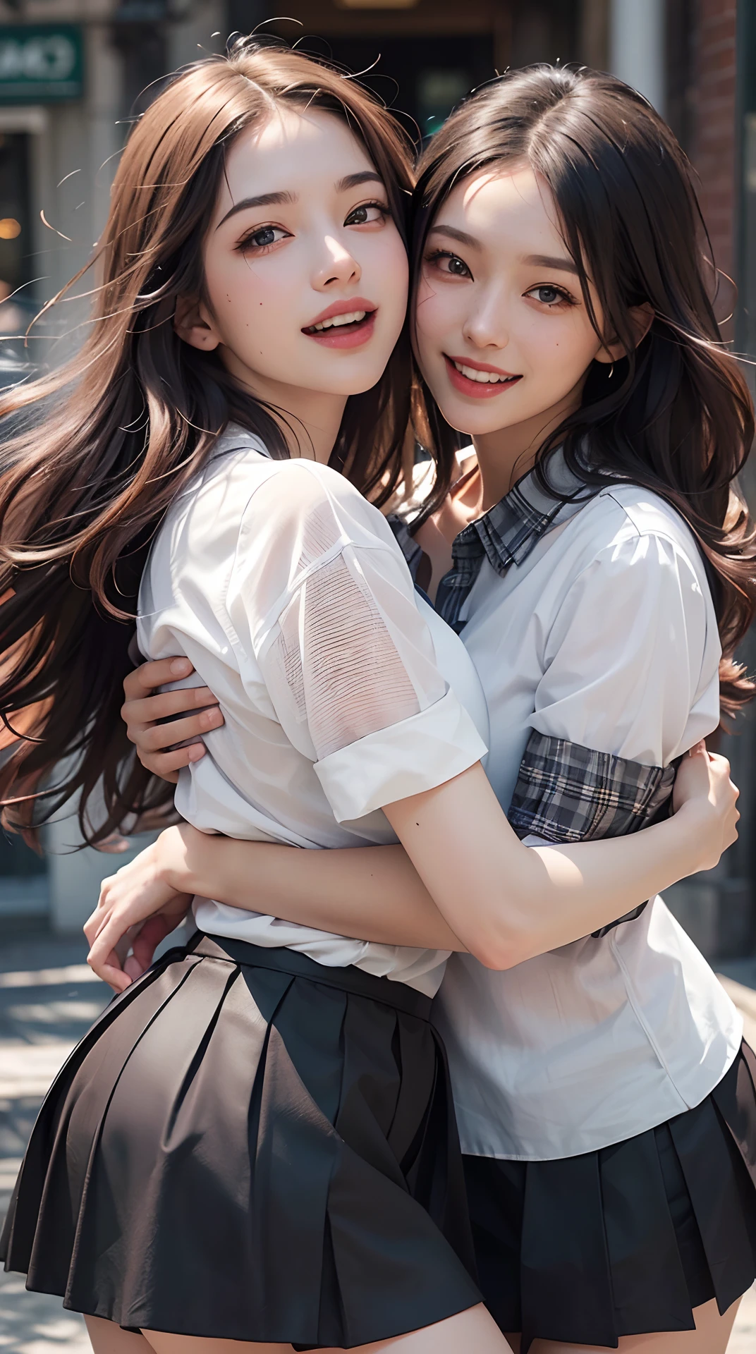 (Best Quality,4K,8K,hight resolution,masutepiece:1.2), Ultra-detailed, (Realistic,Photorealistic,Photorealsitic:1.37),(Beautiful detailed eyes, Beautiful detailed lips, extremely detailed eye and face, long eyelashes),Studio Lighting,Physically-based rendering,Vivid colors,(Two women embracing, laughing madly, mouth open, happy mood, blouse, black skirt, hair fluttering in the wind, skirts swirling),