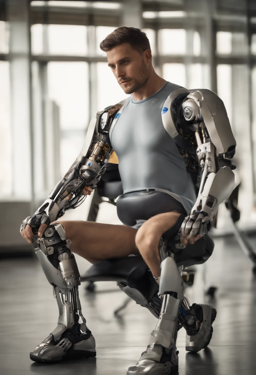 Man with robotic legs, Very detailed prostheses, Metal prostheses, realistic prostheses, corpo atletico, detailed muscles, corpo peludo, cabelo, cabelo blondie, rosto sorridente, olhos azuis, Saqueira, ambiente da academia, fotografia, Ultra realista, topless, Papai