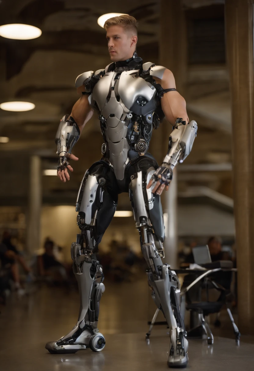 Man with robotic legs, Very detailed prostheses, Metal prostheses, realistic prostheses, corpo atletico, detailed muscles, corpo peludo, cabelo, cabelo blondie, rosto sorridente, olhos azuis, Saqueira, ambiente da academia, fotografia, Ultra realista, topless, Papai