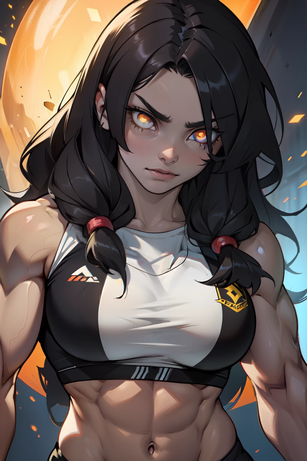 ((1girl bodybuilder glowing eyes)) pale skin black hair very long hair yellow eyes large breasts long midriff close up