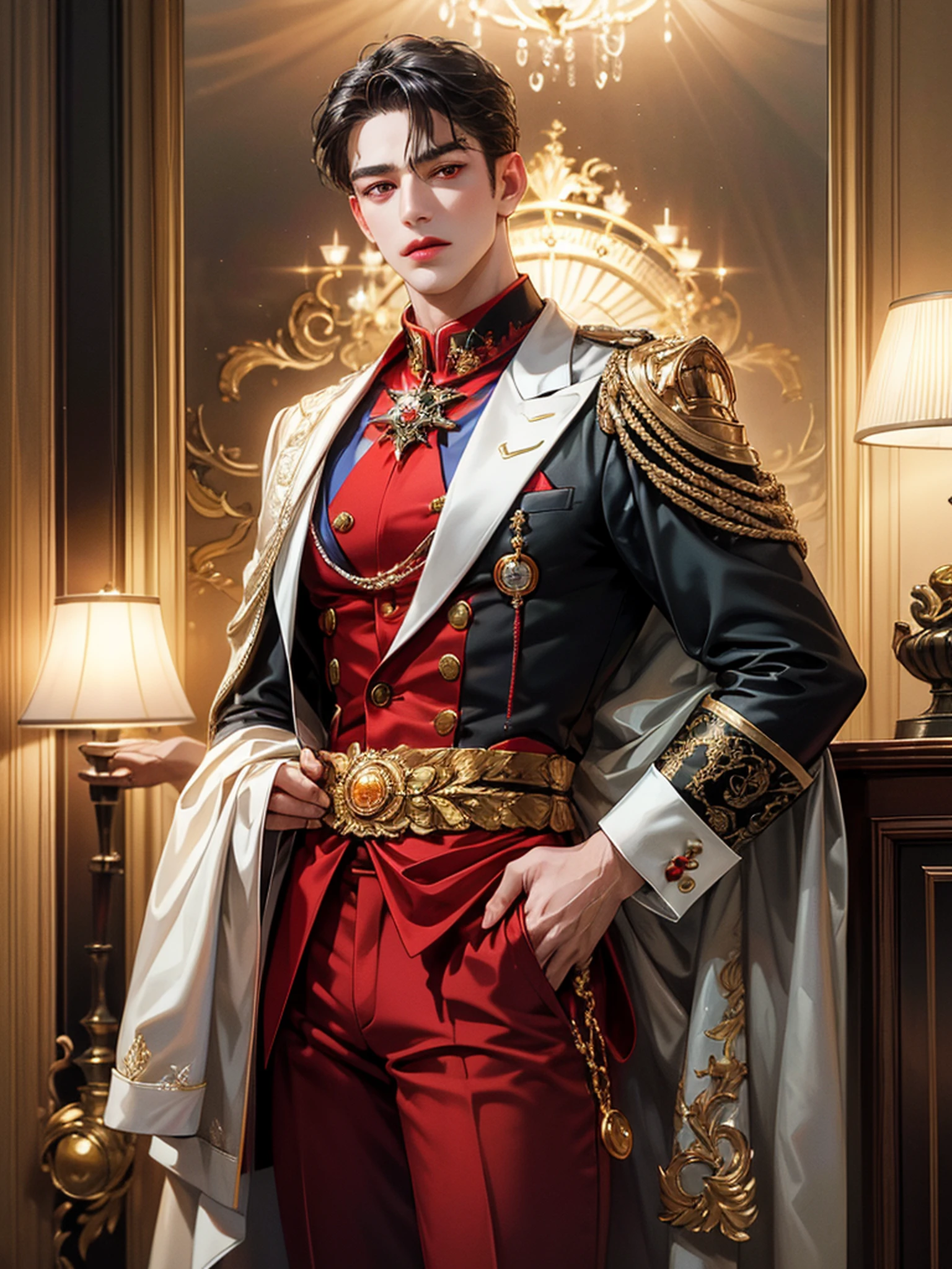 (absurdres, highres, ultra detailed, HDR), masterpiece, best quality, standing pose, half body, handsome boy with red eyes, detailed face, in a hotel, young built body, handsome hotelier, professional photo, arafed man detailed torso, standing, eyes on viewer, young boy 28 years old, handsome boy, blank background