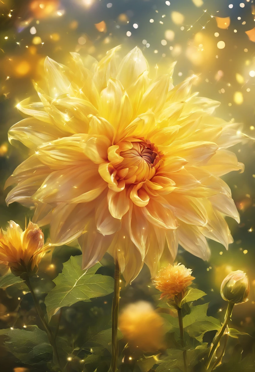 There are yellow flowers with stars on the background, A delicate flower that shines brightly, giant dahlia flower head, Luminous flowers, Close-up of giant dahlia flower head, photorealistic detailed picture, Beautiful flowers, Draw flowers, Yellow glowing magic, rendered illustration, photorealistic highly detailed, photorealistic illustration, fotorrealista altamente detalhado, higher detailed illustrations, beautiful glowing backlit, light bloom sunlight, hyper photorealism, Cinematic lighting, Chiaroscuro