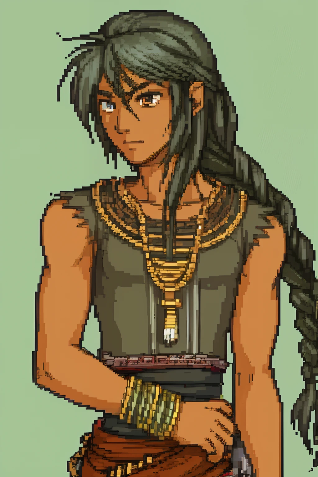 solo focus, Vanilla Fire Emblem, Desaturated Sprite, Half Body, no frames, young man, slim body, sleeveless top, greenish black hair, tribal, tan, dark skin, pretty, pretty boy, Myrmidon, beautiful, young man, twink, tribal clothing, soft smile, large eyes, round eyes, feathers in hair, skinny boy, long hair, braided hair, big eyes, soft features, huge eyes, androgynous, femboy
