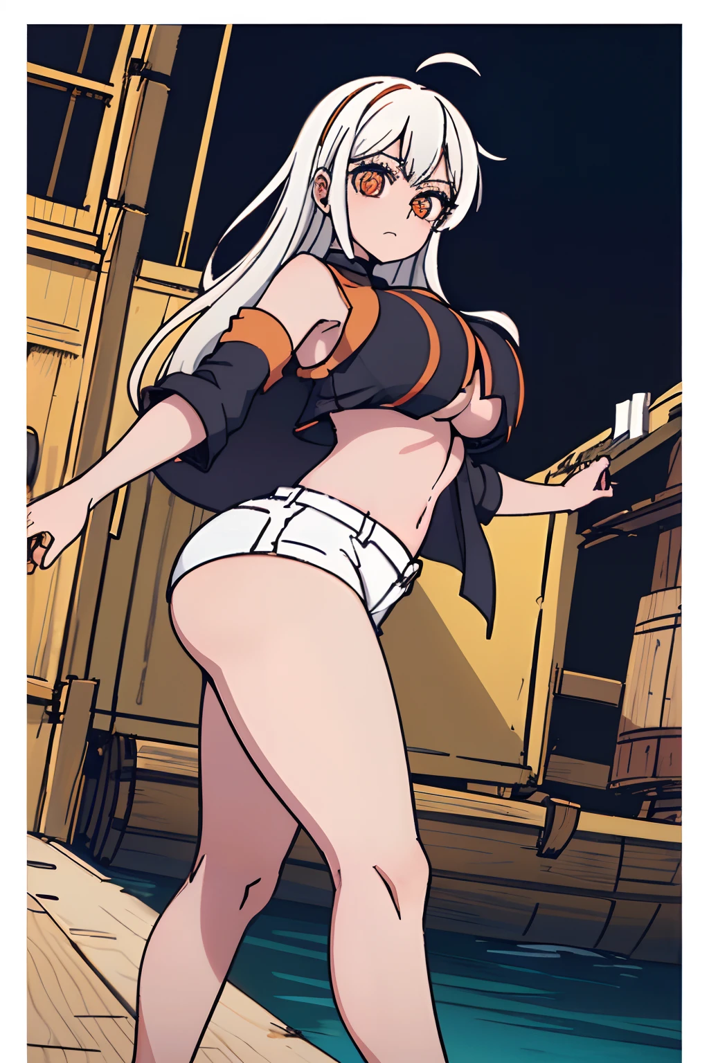 wings 1girl, ((masterpiece), best quality, expressive eyes, perfect face beautiful girl, beautiful eyes, stunning eyes, feminine, defined curves, cinematic, aesthetic, gorgeous, amazing, cute girl (busty) big breast and ass barefoot orange eyes, star-shaped pupils, streaked hair, jacketcrop top, detached sleeves, white hair booty shorts on a pirate ship