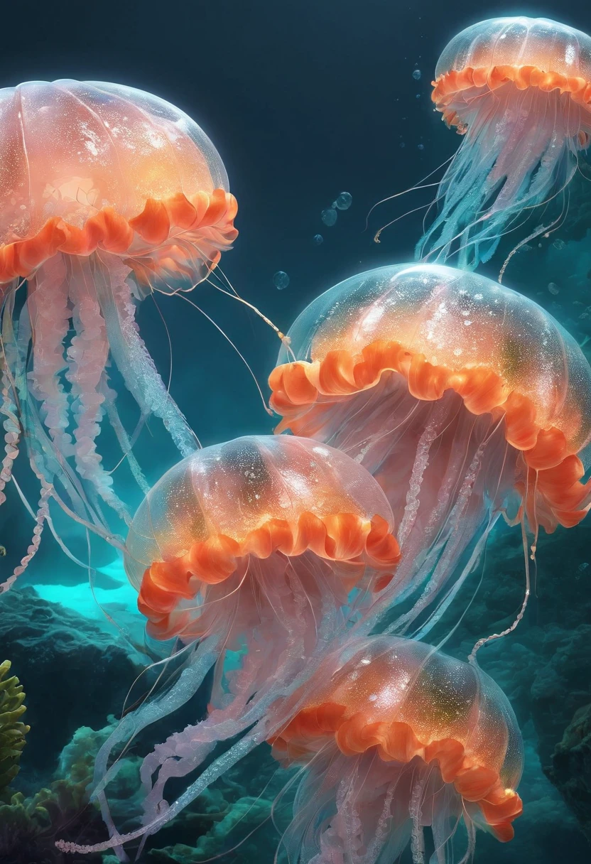 master part, best quality, (muito detalhado CG unidade 8k wallpapers), (best quality), (better illustrations), (Melhores Sombras), Tema marinho com elementos naturais. Manguezais altos, ricas plantas marinhas, Bright Jellyfish, Cercado por cardumes de peixes, glowing particle effects,, (plantas marinhas), (Tema Oceano), ((algas luminosas)), (coral), ((Bright Jellyfish )), ((Glowing creatures in seawater)), ((Fogo no Mar)), (((particle effect))), 3d isometric, octane rendering, ray tracing, super detalhado