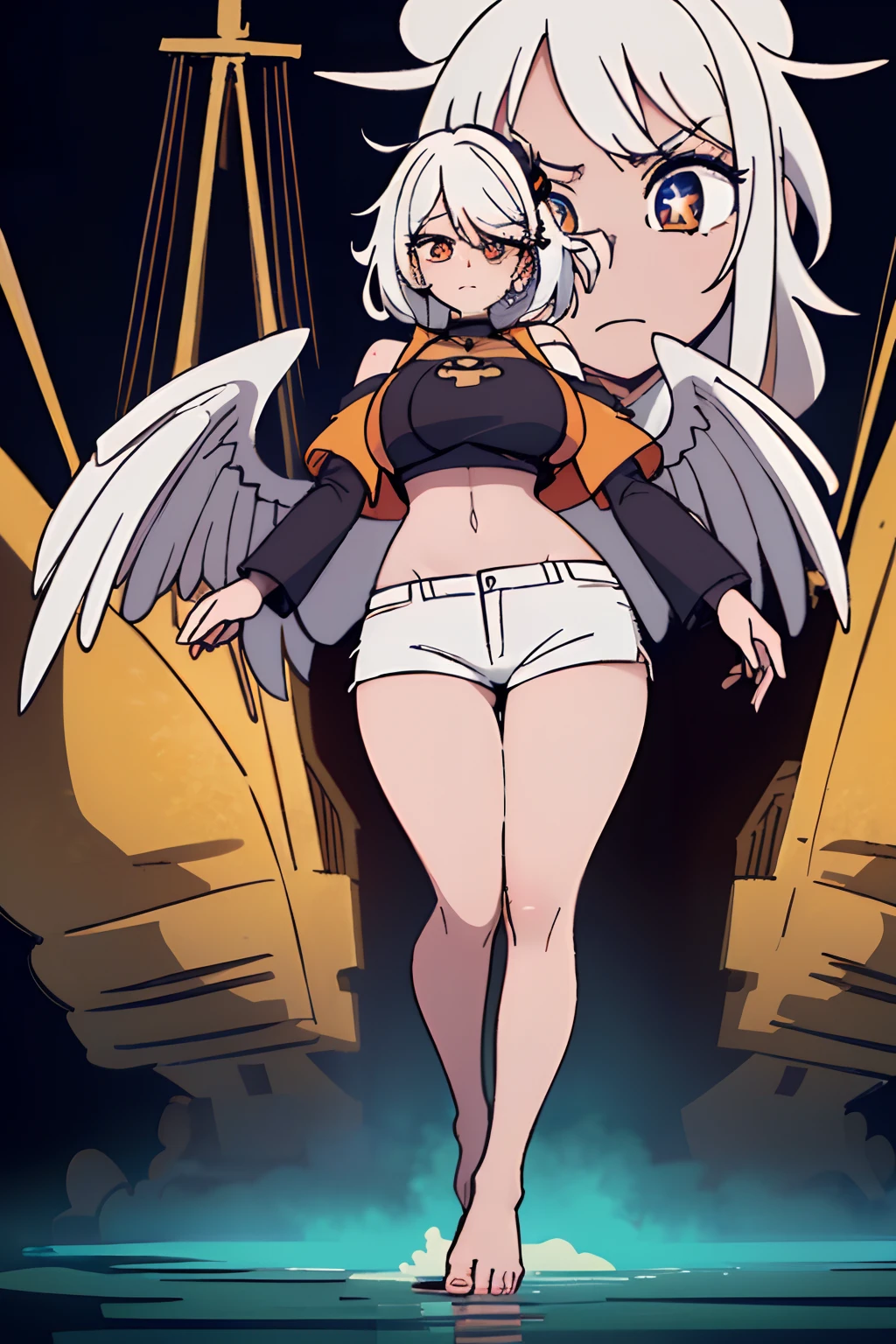 (feathered wings on back) 1girl, short hair (messy hair) (masterpiece), best quality, expressive eyes, perfect face beautiful girl, beautiful eyes, stunning eyes, feminine, defined curves, cinematic, aesthetic, gorgeous, amazing, cute girl (busty) big breast and ass) barefoot 1.5 orange eyes, crop top orange streaked hair, jacket , detached sleeves, white hair defined abdomen booty multicolored eyes school uniform schoolgirl Anime school uniform,(face) skirt, naive face