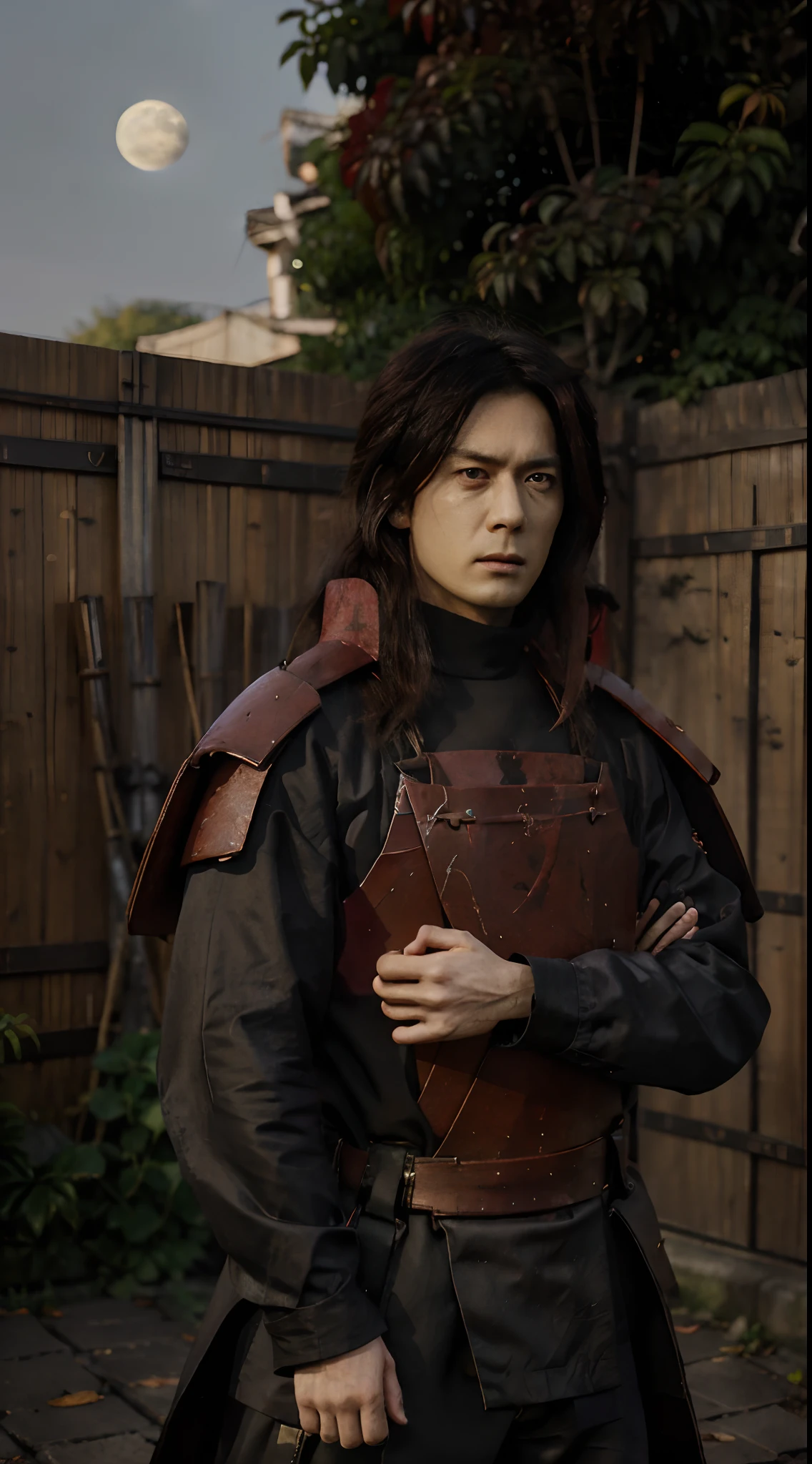 Real life adaption of this character,his name is Madara uchiha from anime Naruto,Korean adult handsome face,realistic long messy hair,realistic outfit with red iron armor like samurai, hair cover 1 eyelong hair, realistic light,realistic shadow,realistic background,(photorealistic:1.2),very angry expression,red eyes color, sad face, the moon in the background is red color