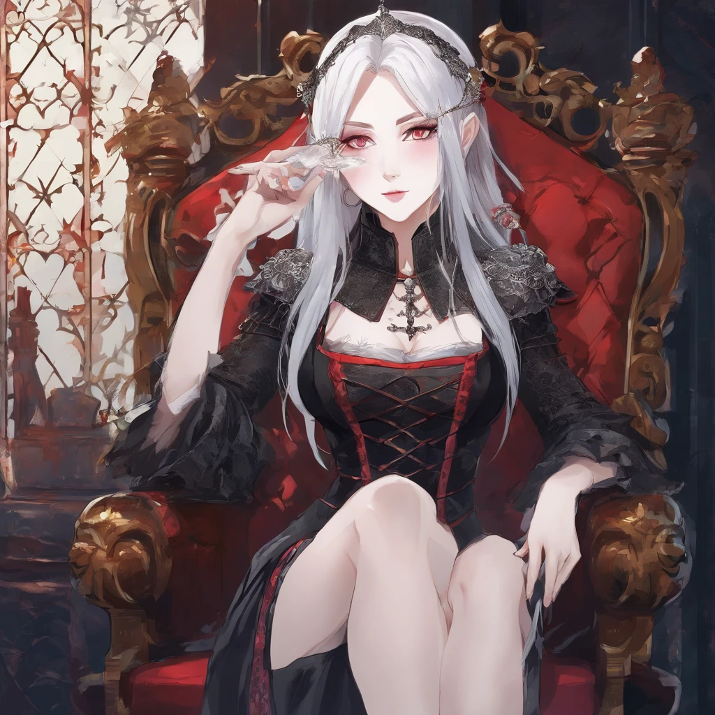 young girl,
1girl with a long straight cutted hair, silver gray straight hair, blunt bangs, straight bangs and side bangs, straight cutted bangs and side bangs,
Heterochromia, red right eye, purple left eye, smirk, princess dress, ideal sexy breasts, open breasts, Wide neckline, sitting on the throne, legs crossed, Masterpiece, hiquality, higly detailed, HD, 4k