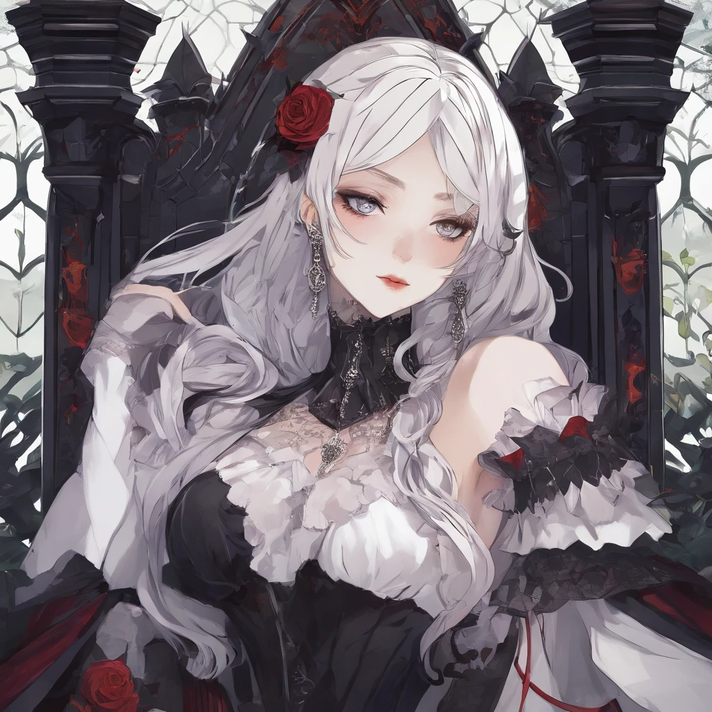 ((illustration of a female version of Strahd Von Zarovich in sexy gothic noble outfit sitting on a throne)), royal noble outfit, ((vampire)), has teeth fangs, long black hair, portrait, 8k resolution, masterpiece, high quality, ultra detailed eyes, 1girl, female focus, voluptuous figure, (angry smiling), vampiric features, teeth showing, vampire fangs, pale skin, elf ears, castle interior background, gothic theme, dungeons and dragons fantasy aesthetics, use Curse of Strahd visuals,