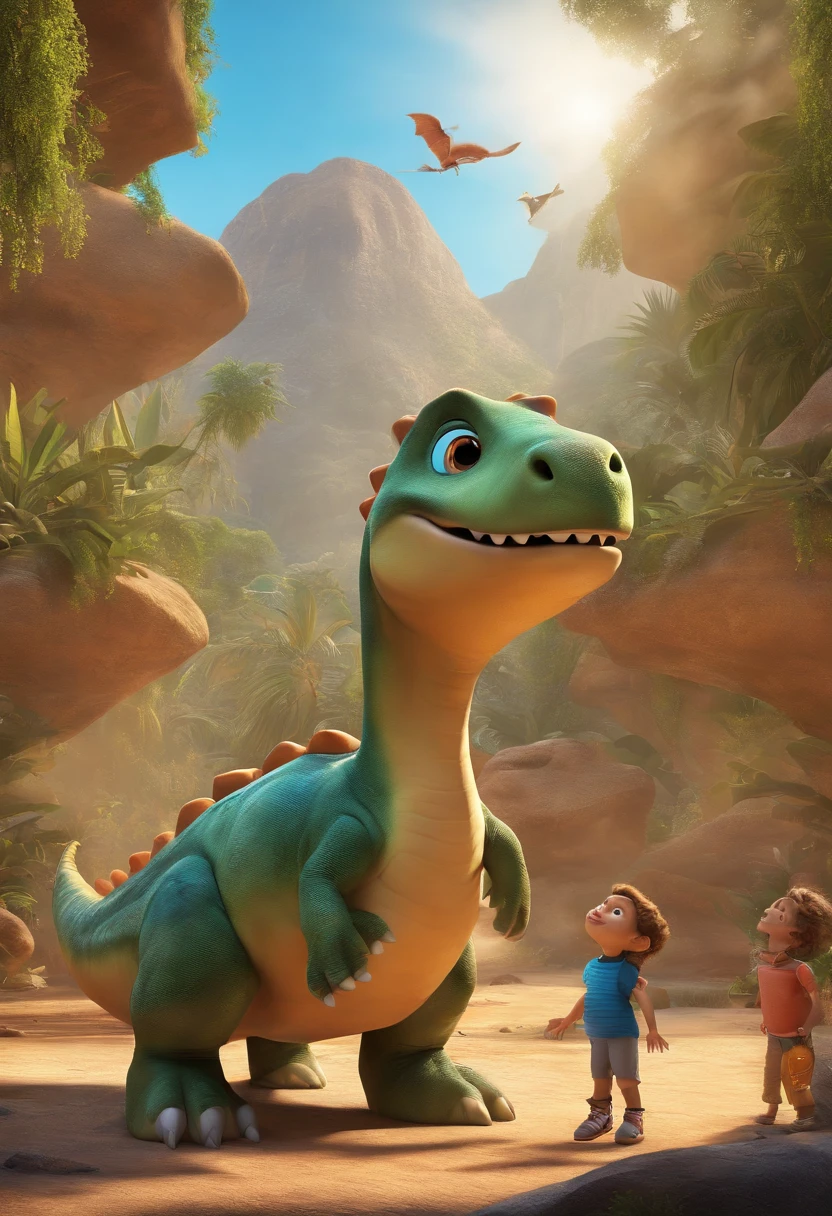 kids show,dinosaur robots,colorful,animated,detailed design,vibrant colors,bright background,happy children,lively atmosphere,playful characters,strong kid appeal,fun music,charming animation,engaging storyline,educational content,entertaining effects,memorable scenes,enchanting visuals,adventure,imagination,stunning visual effects,best quality,highres,ultra-detailed,photo-realistic,concept artists,vivid colors,bright lighting