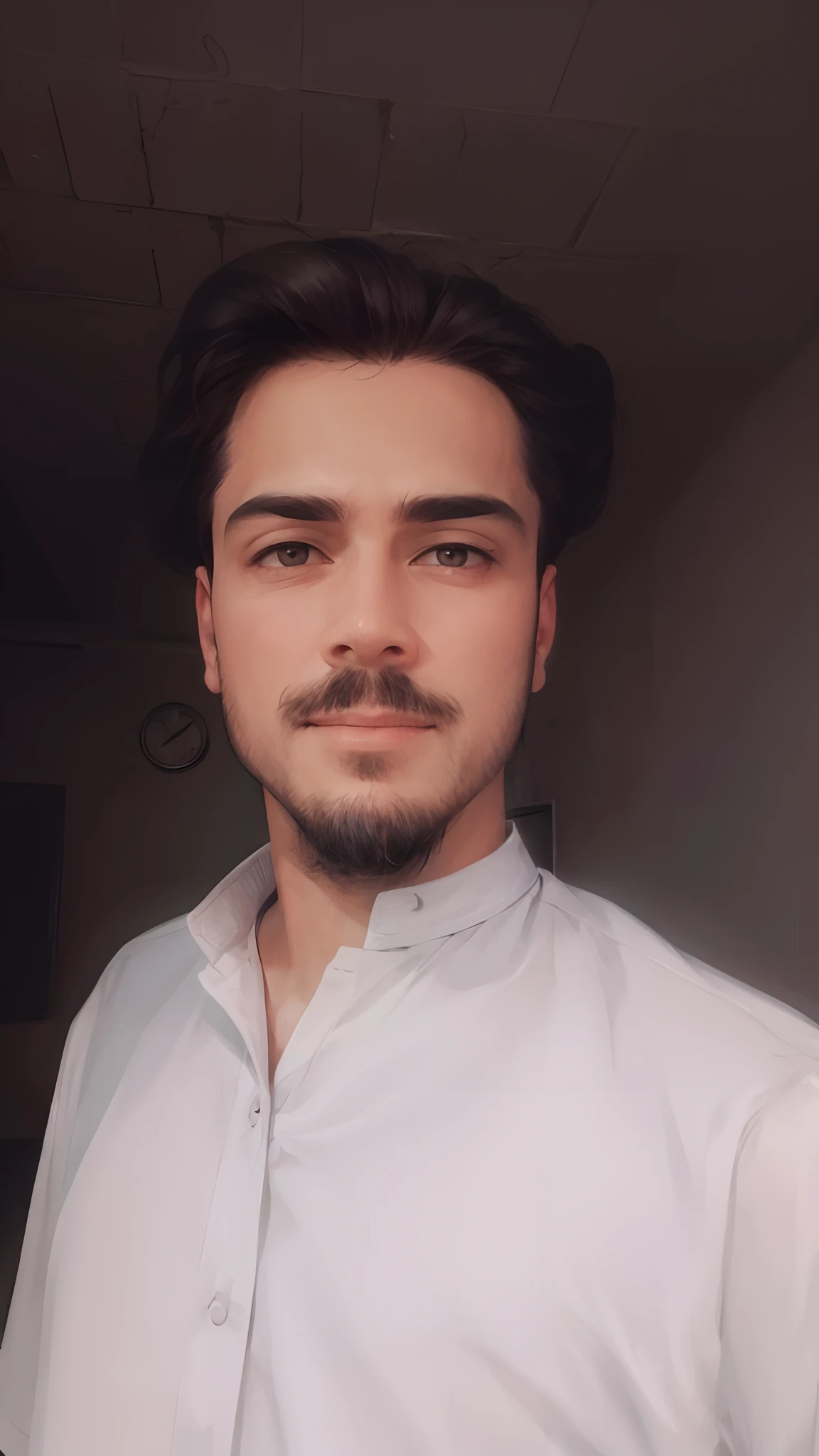 Change The Background into a city of london, change clothes in expensive' Wear a glasses and Hair look Long , beard Is cut , Smiling Face
