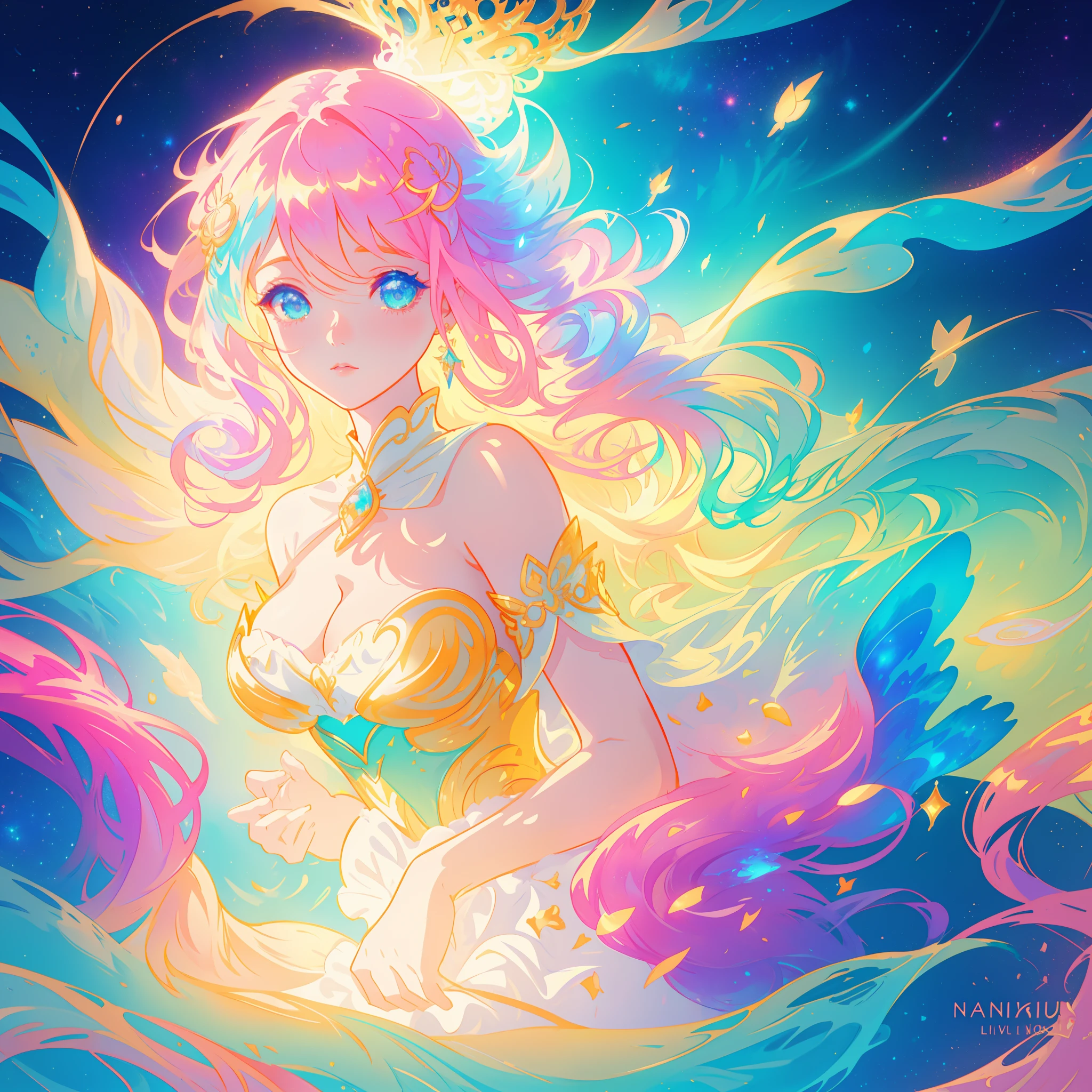 beautiful girl, puffy tiered ballgown, vibrant pastel colors, (colorful), glowing golden long hair, magical lights, sparkling magical liquid, inspired by Glen Keane, inspired by Lois van Baarle, disney art style, by Lois van Baarle, glowing aura around her, by Glen Keane, jen bartel, glowing lights! digital painting, flowing glowing hair, glowing flowing hair, beautiful digital illustration, fantasia background, whimsical, magical, fantasy, ((beautiful face)), ((masterpiece, best quality)), intricate details, highly detailed, sharp focus, 8k resolution, sparkling detailed eyes, liquid watercolor