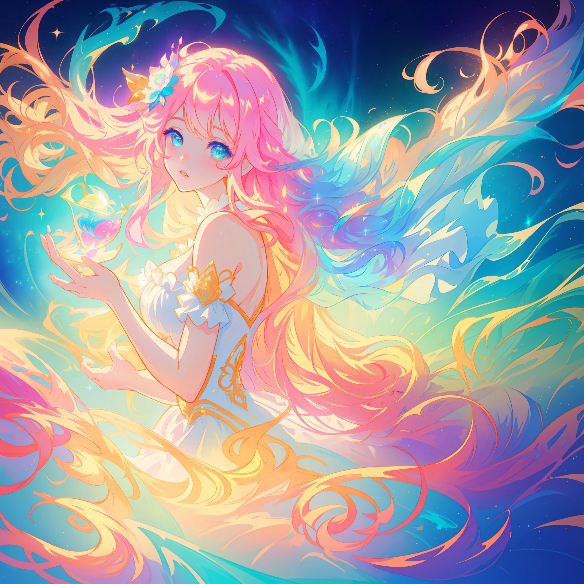 beautiful girl, puffy tiered ballgown, vibrant pastel colors, (colorful), glowing golden long hair, magical lights, sparkling magical liquid, inspired by Glen Keane, inspired by Lois van Baarle, disney art style, by Lois van Baarle, glowing aura around her, by Glen Keane, jen bartel, glowing lights! digital painting, flowing glowing hair, glowing flowing hair, beautiful digital illustration, fantasia background, whimsical, magical, fantasy, ((beautiful face)), ((masterpiece, best quality)), intricate details, highly detailed, sharp focus, 8k resolution, sparkling detailed eyes, liquid watercolor