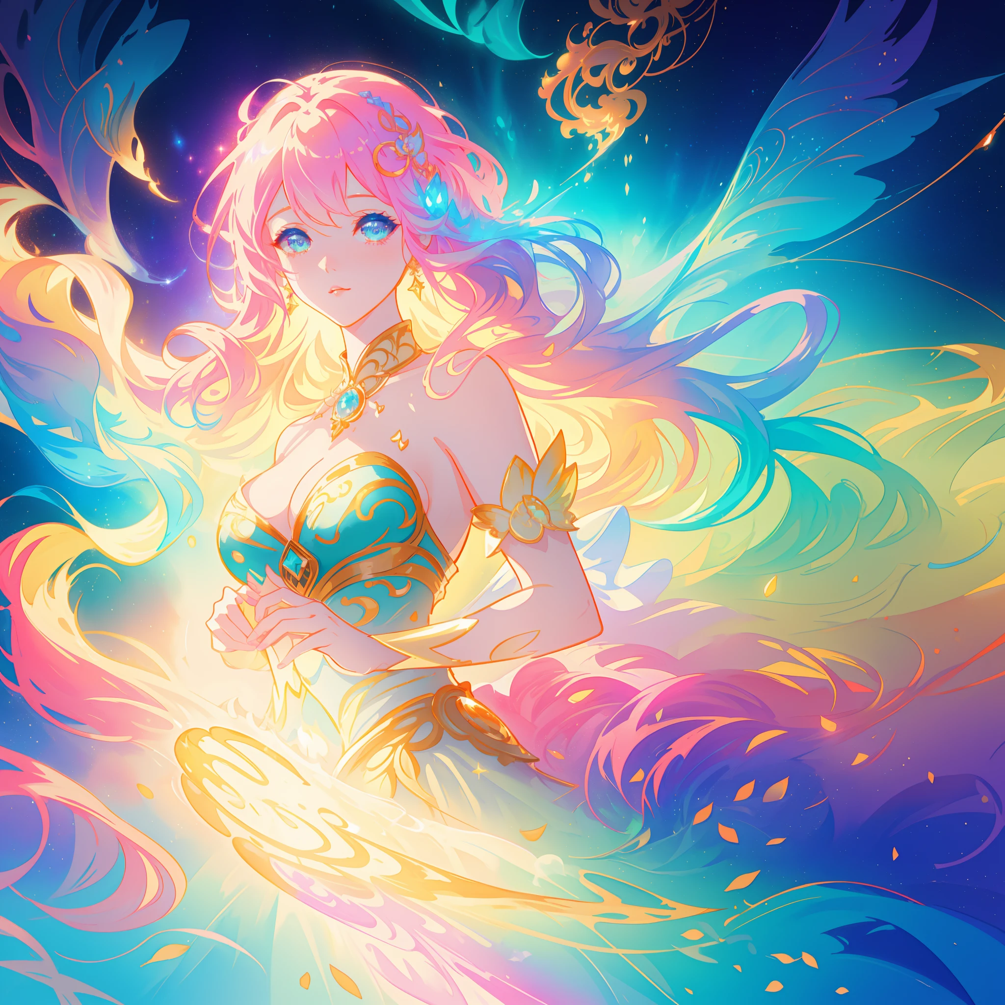 beautiful girl, puffy tiered ballgown, vibrant pastel colors, (colorful), glowing golden long hair, magical lights, sparkling magical liquid, inspired by Glen Keane, inspired by Lois van Baarle, disney art style, by Lois van Baarle, glowing aura around her, by Glen Keane, jen bartel, glowing lights! digital painting, flowing glowing hair, glowing flowing hair, beautiful digital illustration, fantasia background, whimsical, magical, fantasy, ((beautiful face)), ((masterpiece, best quality)), intricate details, highly detailed, sharp focus, 8k resolution, sparkling detailed eyes, liquid watercolor