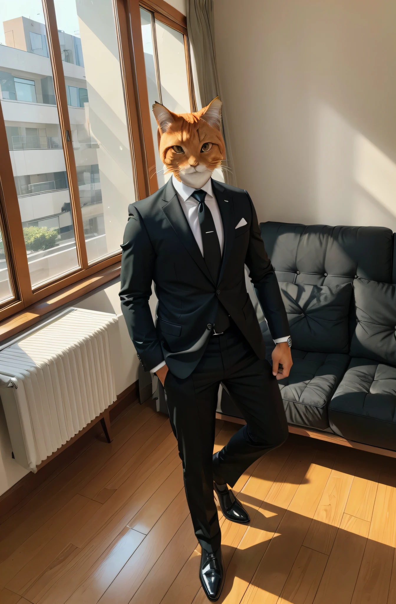 ((Anthropomorphic orange cat agent  in the house)),BREAK,Perfect proportions，(the complete palm)，Clear picture，Cross your hands，Shiny，black suit，green necktie ,Wooden furniture，floor to ceiling window，couch,cute,High image quality,Master works，perfectly proportions,4K,Perfect body shape,Documents in hand