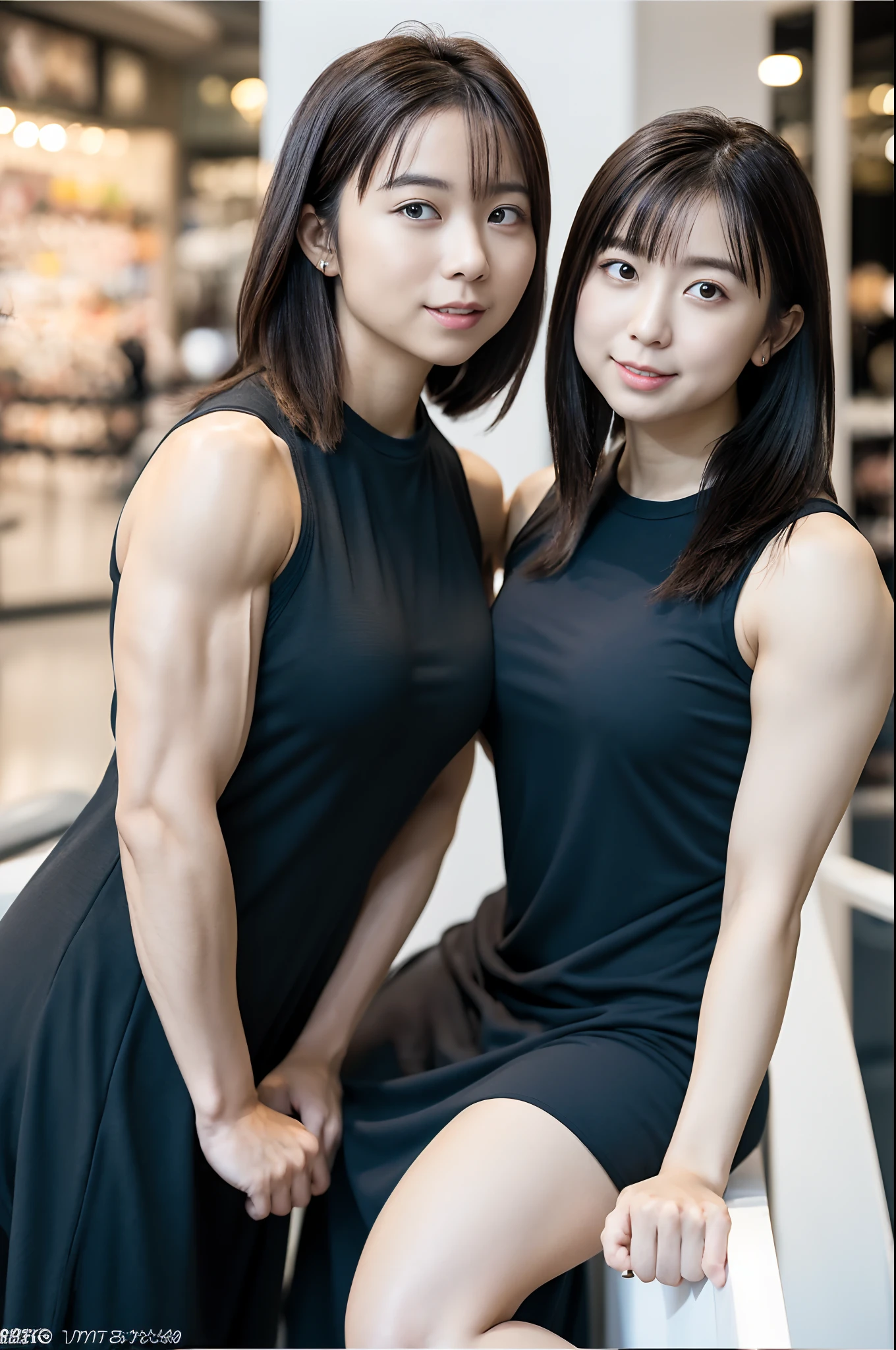 (realisitic、Photorealsitic:1.37)、(masterpiece、top-quality:1.2)、(超A high resolution:1.2)、(Raw photography:1.2)、(foco nítido:1.3)、(Face Focus:1.2)、(Ultra detailed CG unified 8k wallpaper:1.2)、(Beautiful skin:1.2)、(pale-skinned:1.3)、(hyper-sharp focus:1.5)、(Ultra Sharp Focus:1.5)、(Beautiful clean face:1.3)、(Ultra detailed backgrounds、detailedbackground:1.3), bokeh dof、depth of fields、BREAK、 Very cute and beautiful Japan women pictures、(22year old:1.1)、Portrait of a girl with a bright smile、((Full body shot:1.2))、(tall:1.6)),((Muscular girl like a bodybuilder:1.5)), ((Sculpture of thick arms:1.3)),((muscular thick legs:1.4)),((Disproportionately huge breasts))、Show muscular thighs:1.6、((black bodycon dress:1.3))