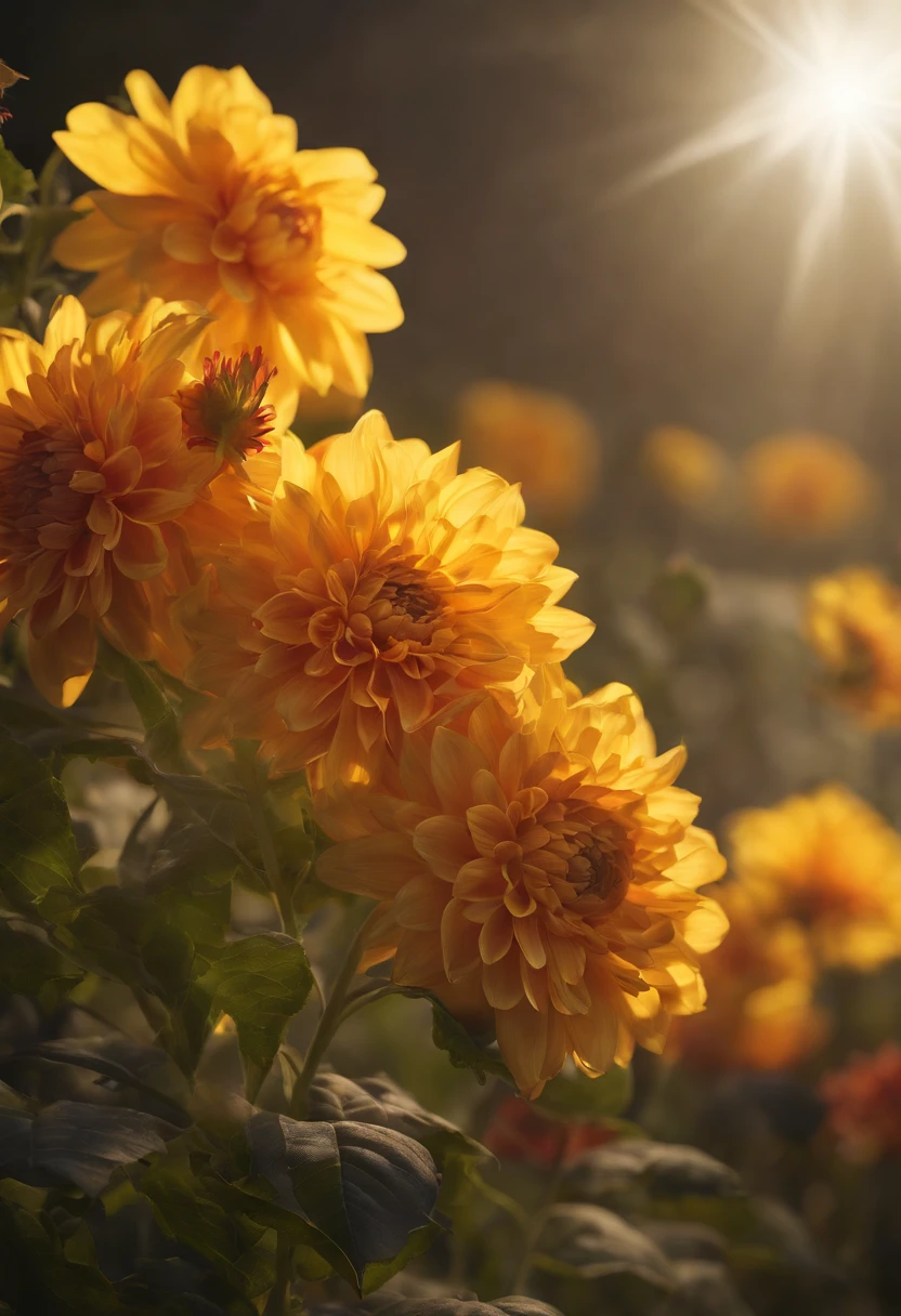 There are yellow flowers with stars on the background, A delicate flower that shines brightly, giant dahlia flower head, Luminous flowers, Close-up of giant dahlia flower head, photorealistic detailed picture, Beautiful flowers, Draw flowers, Yellow glowing magic, rendered illustration, photorealistic highly detailed, photorealistic illustration, fotorrealista altamente detalhado, higher detailed illustrations, beautiful glowing backlit, light bloom sunlight, hyper photorealism, Cinematic lighting, Chiaroscuro, hyper HD, hyper HD, Masterpiece, Anatomically correct, Super detail, High quality, Award-Awarded, Best quality, A high resolution, A high resolution, 1080p, HD, 4K, 8K, 16k