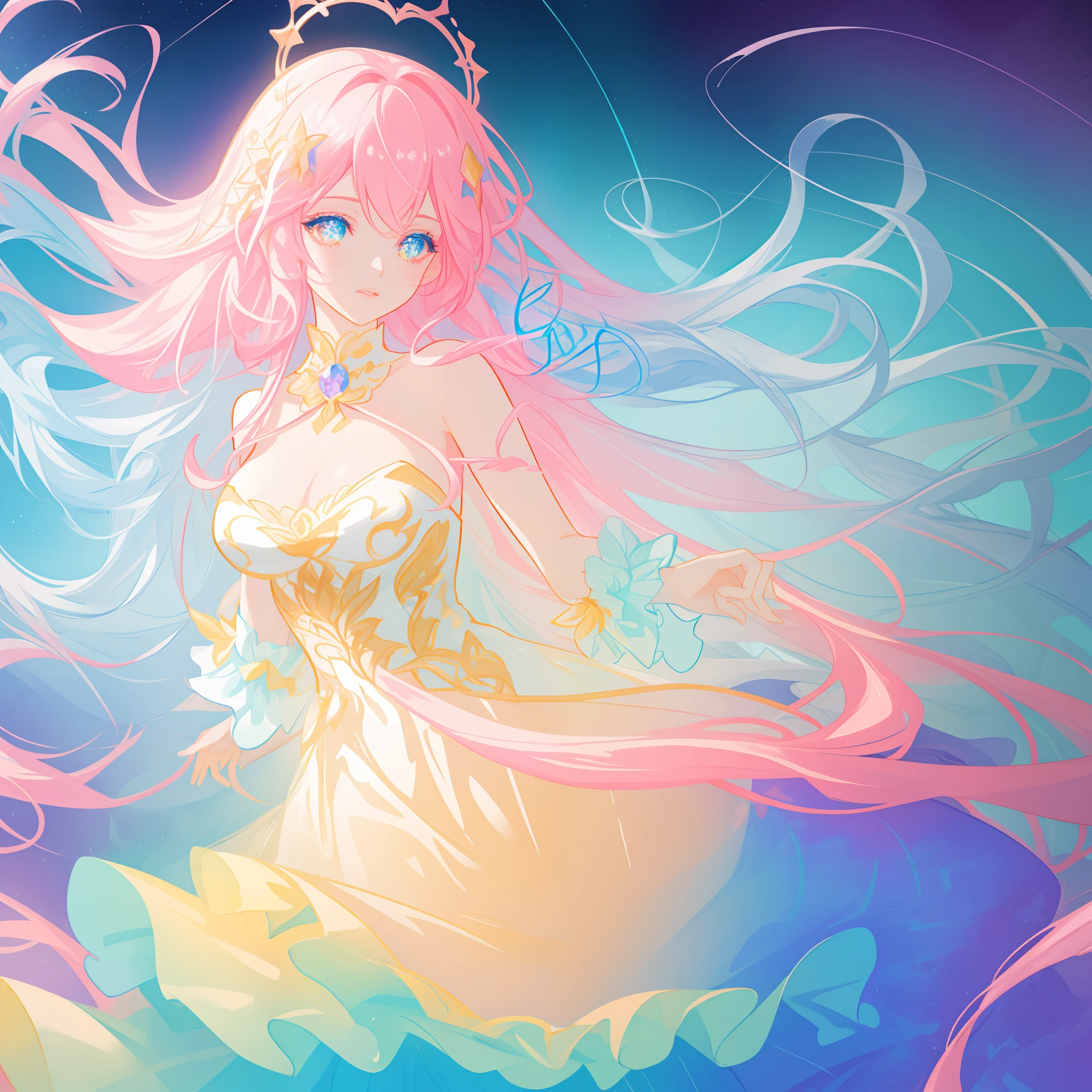 beautiful girl, puffy tiered ballgown, vibrant pastel colors, (colorful), glowing golden long hair, magical lights, sparkling magical liquid, inspired by Glen Keane, inspired by Lois van Baarle, disney art style, by Lois van Baarle, glowing aura around her, by Glen Keane, jen bartel, glowing lights! digital painting, flowing glowing hair, glowing flowing hair, beautiful digital illustration, fantasia background, whimsical, magical, fantasy, ((beautiful face)), ((masterpiece, best quality)), intricate details, highly detailed, sharp focus, 8k resolution, sparkling detailed eyes, liquid watercolor