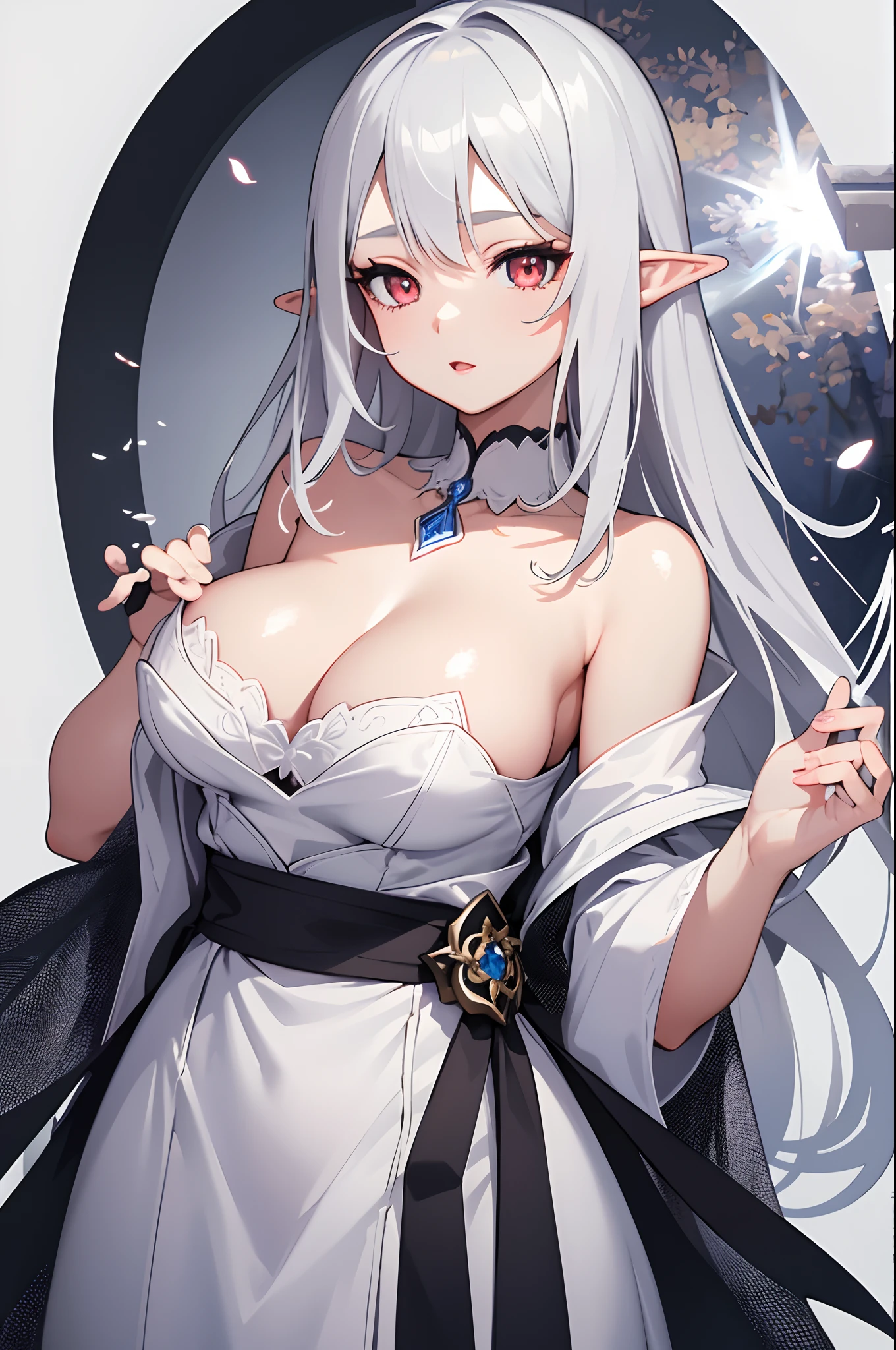 1girl, anime, cute girl, elf, blank background, white background, fantasy, detailed dark fantasy dress with highlights, beautiful face, beautiful eyes, dark colors, medium breasts, slight cleavage, beautiful skin, cute, silver hair, red eyes, breast curtains, extremely delicate and beautiful, (beautiful detailed face:1.0), (detailed deep eyes), symmetrical breasts, deep eyes, shiny skin, portrait, slender waist, hips wider than shoulders, thighs, young girl