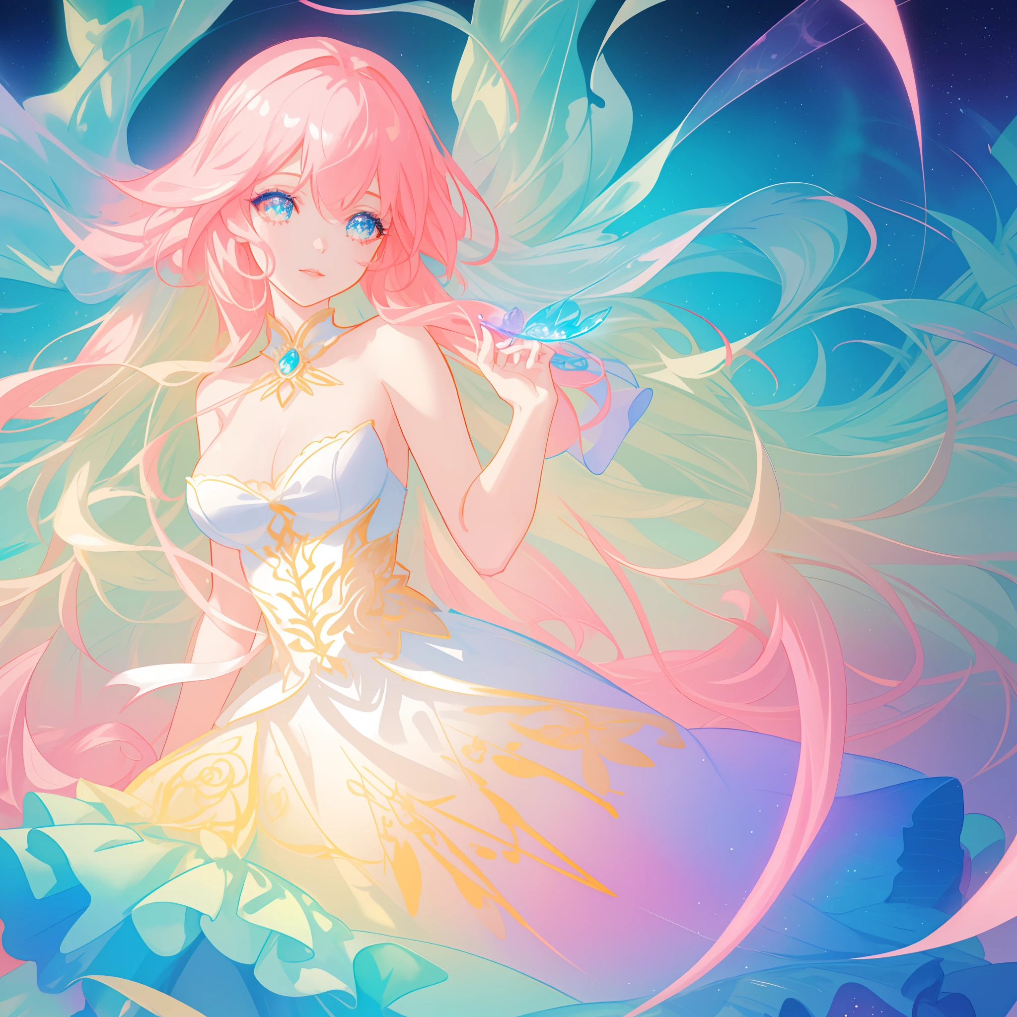 beautiful girl, puffy tiered ballgown, vibrant pastel colors, (colorful), glowing golden long hair, magical lights, sparkling magical liquid, inspired by Glen Keane, inspired by Lois van Baarle, disney art style, by Lois van Baarle, glowing aura around her, by Glen Keane, jen bartel, glowing lights! digital painting, flowing glowing hair, glowing flowing hair, beautiful digital illustration, fantasia background, whimsical, magical, fantasy, ((beautiful face)), ((masterpiece, best quality)), intricate details, highly detailed, sharp focus, 8k resolution, sparkling detailed eyes, liquid watercolor