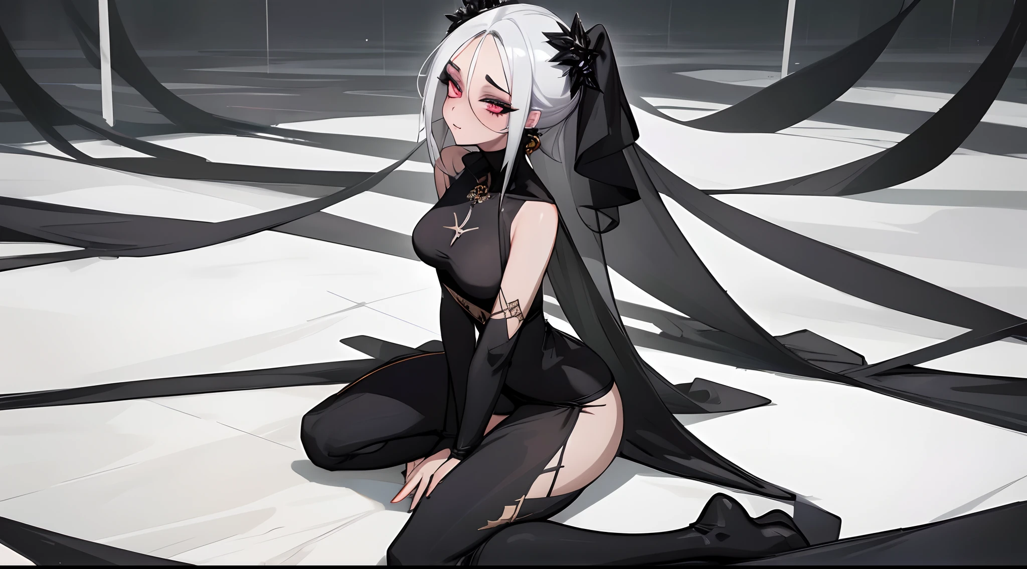 A sexy woman with black makeup in a black jumpsuit sitting on the floor, 1girl, sozinho, seios, cabelos pretos, orelhas de animais, underwear, Panties, cabelos longos, coxas, sentado, olhos vermelhos, calcinha preta, jewelries, Olhando para o Viewer, medium breasts, Brincos, Wariza