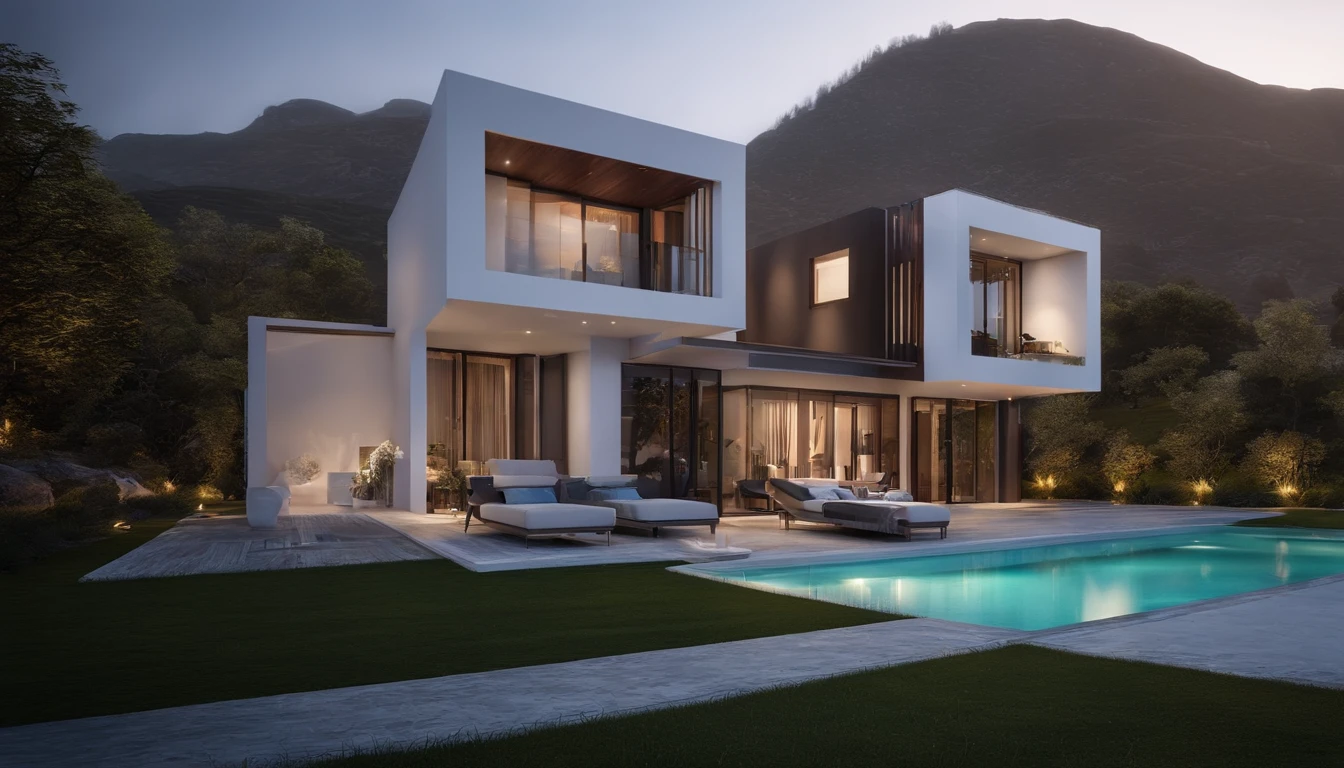 A home with a sense of futuristic technology,3-storey building,Set against the mountains,Facing the lake,Huge swimming pool,(highly detailed:1.2),(best qualtiy:1.2),(8K:1.0),(EMB-RRF-Low:1.0),Sharp focus,(an award winning photograph:1.2),(subsurfacescattering:1.1),Futuristic city landscape,photorealestic,hyper-detailing,dystopian,Artstation trends,cinmatic lighting,Science fiction and fantasy。
