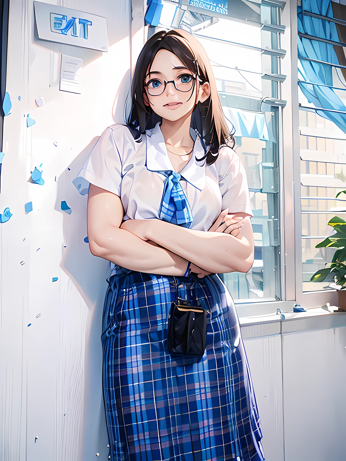 there is a woman standing in front of a window with a sign, student, full body shot, fullbody shot, wearing a white arm shirt and blue and white skirt, !!Blue and White Skirt!!, blue white pencil skirt, frontshot, front profile!!!!, anime, anime stundent girl, in anime, high quality