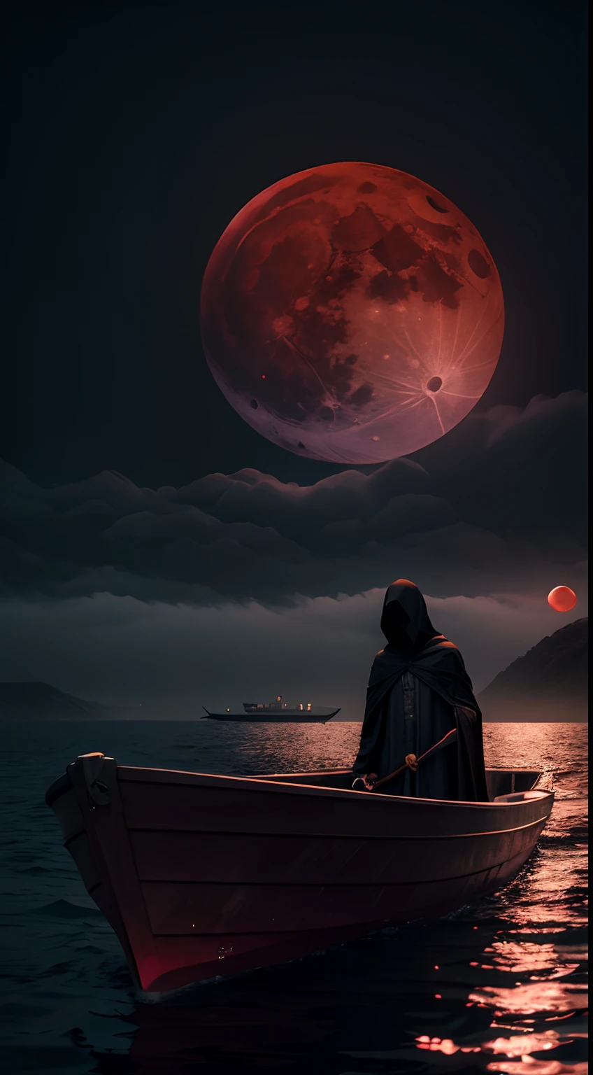 (masterpiece), [a man alone standing on a boat, perfect boat, simple boat, :a hooded skullman standing on a boat, (boat:1), on a boat, (dark:1.3),(fog), night,cinematic, mysterous, death, magical, (dark fantasy style), lake, lamp, scary, horror, spectral, dark atmosphere, underwolrd, 4k, UHD, detailed, mystical, eery atmosphere, epic, sorcerer, scary sky:8], (red moon:1.3), full moon, solo, alone