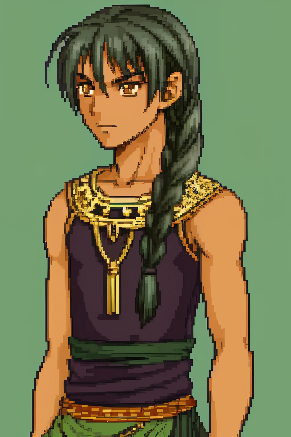 solo focus, Vanilla Fire Emblem, Desaturated Sprite, Half Body, no frames, young man, slim body, sleeveless top, greenish black hair, tribal, tan, dark skin, pretty, pretty boy, Myrmidon, beautiful, young man, twink, tribal clothing, soft smile, large eyes, round eyes, feathers in hair, skinny boy, long hair, braided hair, big eyes, soft features, huge eyes, androgynous, femboy, short, young, teenager