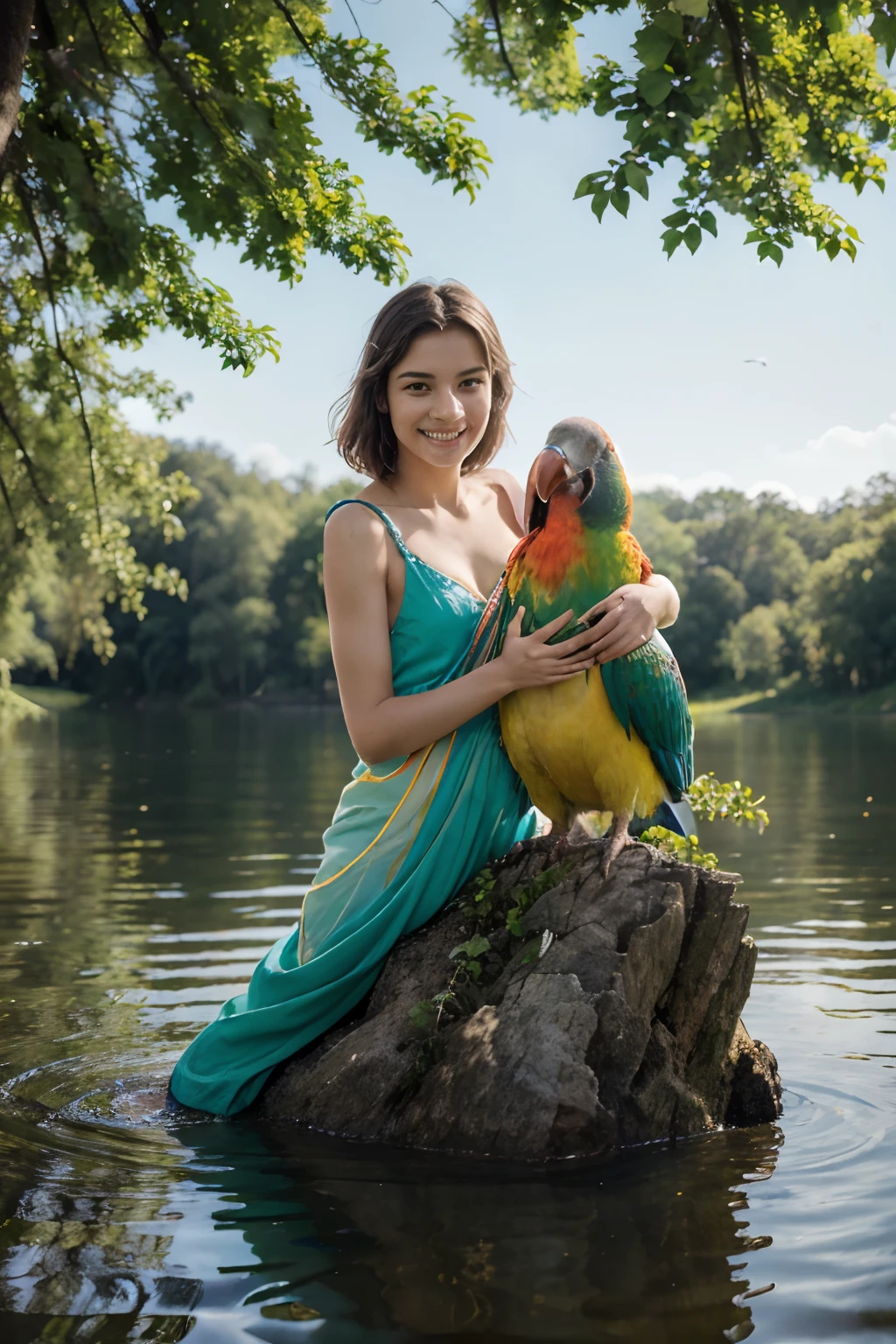 (best quality,8k,highres),1 boy with a parrot,gorgeous,high color,sit by the lakeside,blue water,green grass,tall trees,clear sky,lively atmosphere,peaceful surroundings,brilliantly colored feathers,colorful bird,fascinating plumage,captivating scene,vibrant and vivid colors,rays of sunlight filtering through the leaves,lake reflecting the beauty,serene and tranquil ambiance,harmony between the boy and the parrot,carefree and joyful expression,beaming smile,childlike innocence,perfect synchrony between nature and humanity,immersive and breathtaking artwork,skillfully painted strokes,meticulously detailed features,realistic portrayal,naturalistic lighting,dynamic composition,artistic flair,mesmerizing aesthetic,eye-catching masterpiece