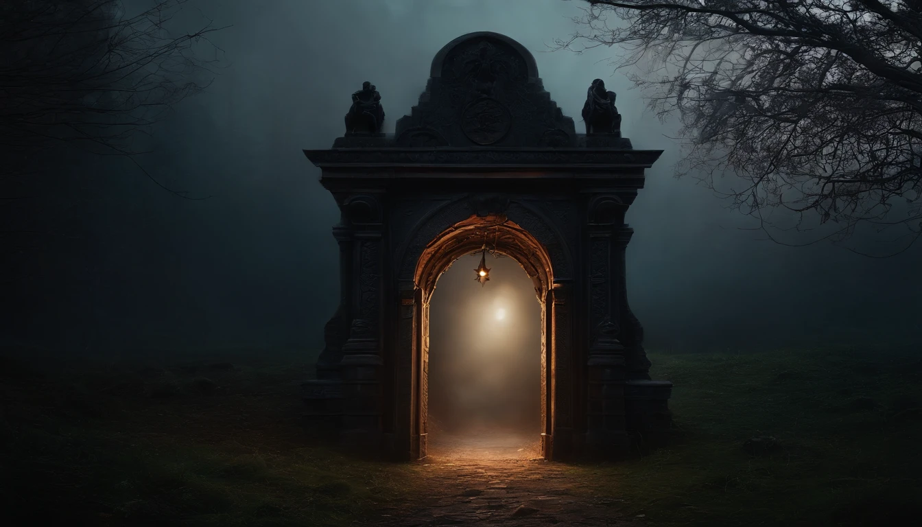 A ghost difference,Pull a newly reincarnated soul with an iron chain,In a very gloomy clearing,There is a super large door in front,