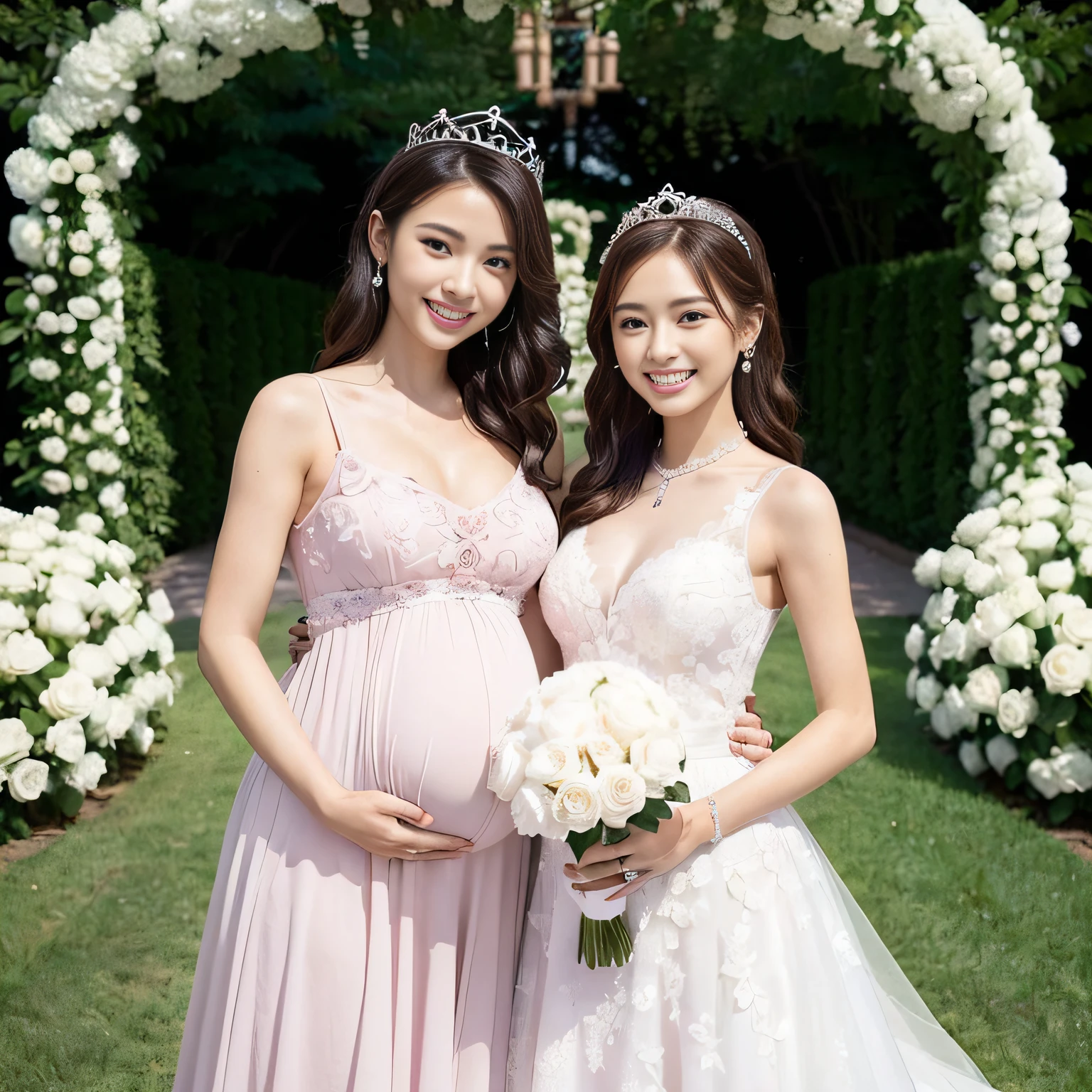 ((2 Pregnant women,2 Japan pregnant women,Japan pregnant 2,Pregnant,2 pregnant women,Pregnant women,Pregnancy,Japan pregnant women,Big belly,Very big belly,Two women are a parent and a child,Mother and daughter,mother daughter,Expectant mother and expectant daughter,One is a petite, short cute girl about .,The other is a beautiful mom who is about 38 years old.,Mothers are taller than daughters,My daughter is a girl about 15 years oldr is a little face)),(Smile here,View here,It's the perfect camera gaze),(finerly detailed face,Lifelike face,Fine teeth,Clean teeth,White teeth,perfect teeth,A slight smil),beautiful tiara,Tiara tiara and jewelry,Sparkling tiara,8K、hightquality、The best images、beautiful image、flower gardens、(Flower Tunnel,Arch of roses,Flower Arch,A large amount of roses,surrounded by flower,a large amount of flowers,Pink and white roses,numerous roses,Pink roses,white roses,Bride surrounded by flowers)、bride、A slight smil、wedding dress、Fantastical
