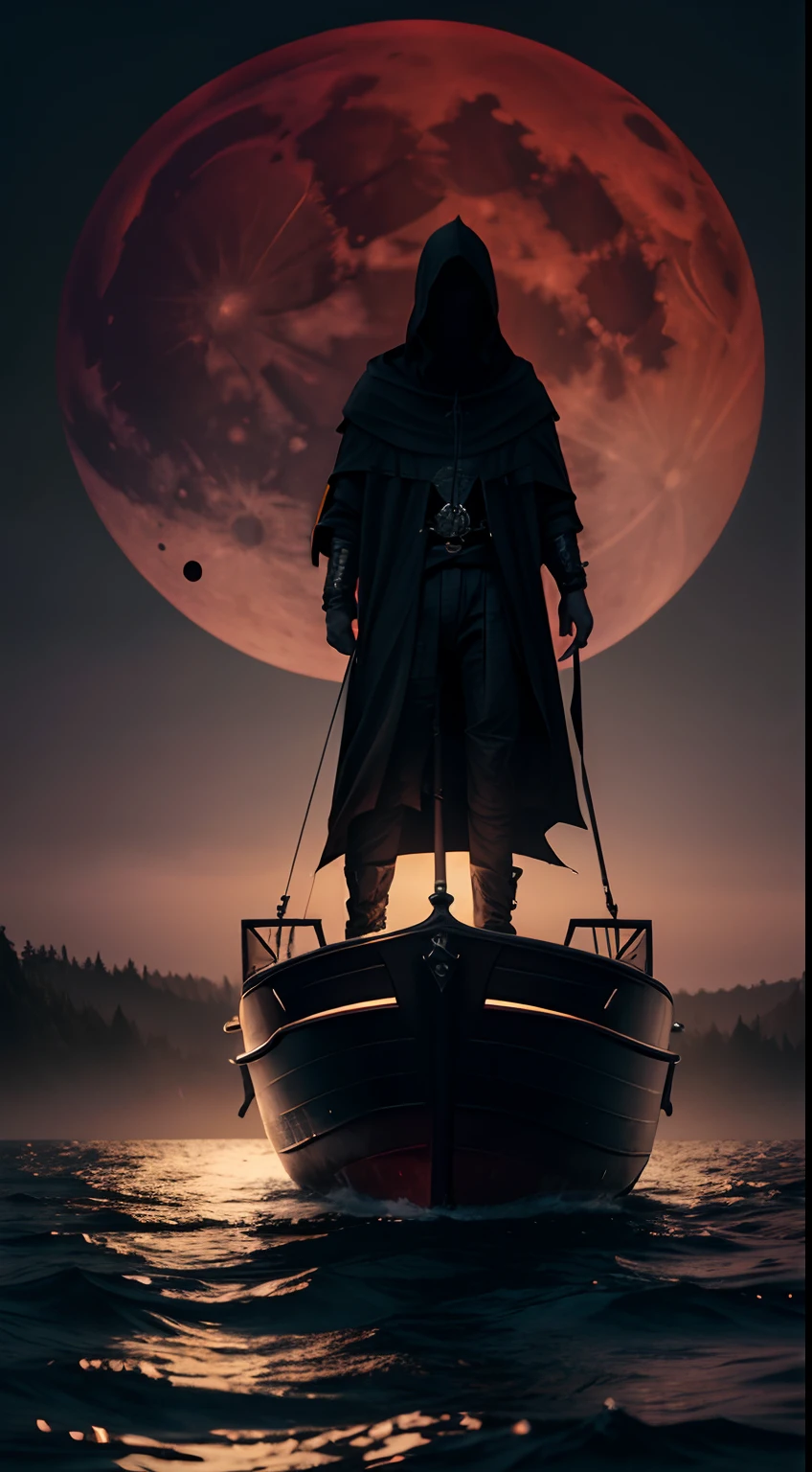 (masterpiece), [a man alone standing on a boat, perfect boat, simple boat, :a hooded skullman standing on a boat, (boat:1), on a boat, (dark:1.3),(fog), night,cinematic, mysterous, death, magical, (dark fantasy style), lake, lamp, scary, horror, spectral, dark atmosphere, underwolrd, 4k, UHD, detailed, mystical, eery atmosphere, epic, sorcerer, scary sky:8], (red moon:1.3), full moon, solo, alone, 1ma, cinematic