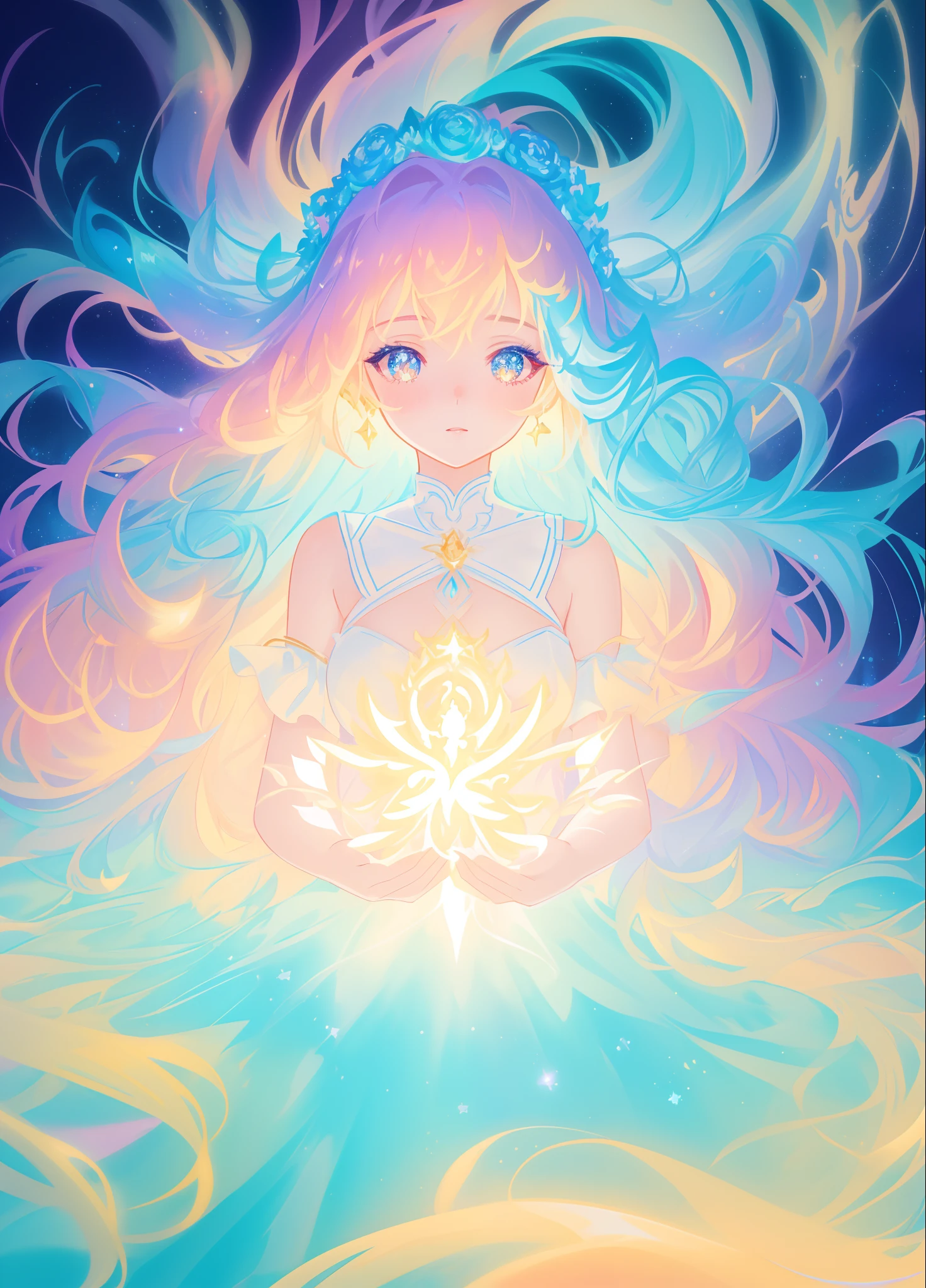 beautiful girl, puffy tiered layered ballgown, magical forest, vibrant pastel colors, (colorful), glowing golden long hair, magical lights, sparkling magical liquid, inspired by Glen Keane, inspired by Lois van Baarle, disney art style, by Lois van Baarle, glowing aura around her, by Glen Keane, jen bartel, glowing lights! digital painting, flowing glowing hair, glowing flowing hair, beautiful digital illustration, fantasia background, whimsical, magical, fantasy, ((beautiful face)), ((masterpiece, best quality)), intricate details, highly detailed, sharp focus, 8k resolution, sparkling detailed eyes, liquid watercolor