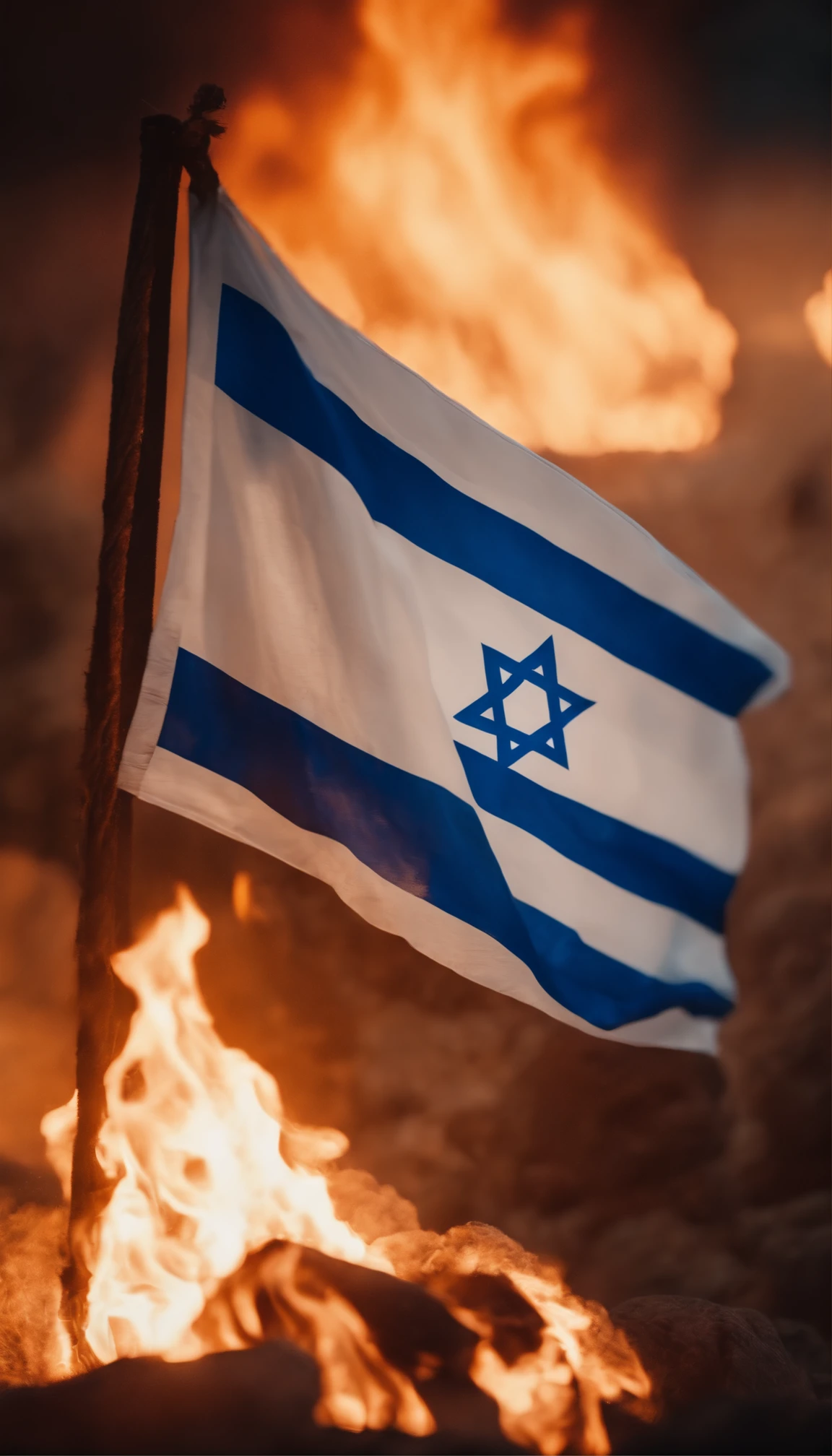 burning,Israel flag,high-res digital art,digital painting,realistic flames,vivid colors,dramatic lighting,patriotic symbolism,dynamic composition,textures,political protest,(best quality:1.2),ultra-detailed,realistic:1.37,HDR,UHD,studio lighting,sharp focus,extreme detail description,professional,concept artists,photography