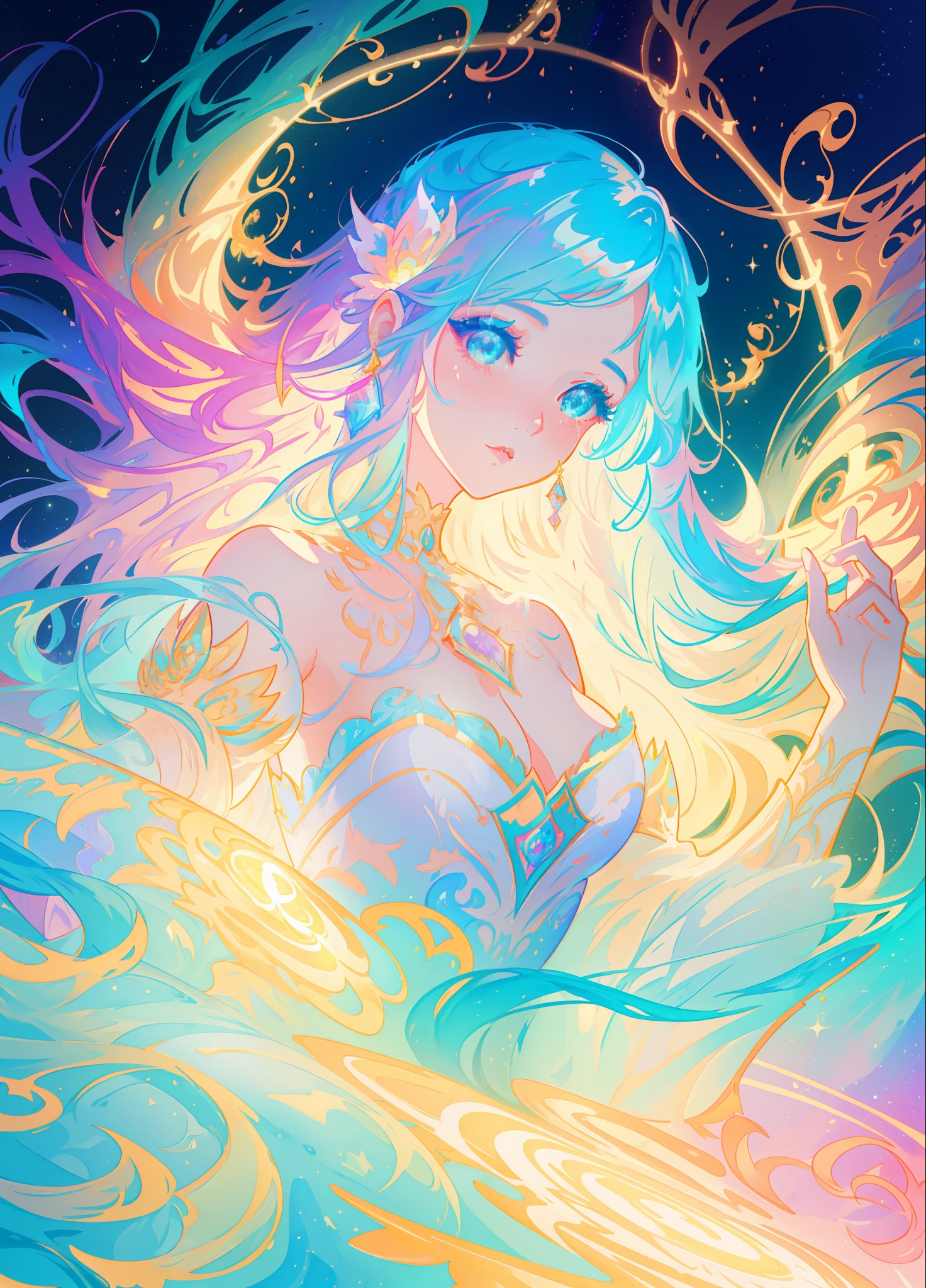 beautiful girl, puffy tiered layered ballgown, magical forest, vibrant pastel colors, (colorful), glowing golden long hair, magical lights, sparkling magical liquid, inspired by Glen Keane, inspired by Lois van Baarle, disney art style, by Lois van Baarle, glowing aura around her, by Glen Keane, jen bartel, glowing lights! digital painting, flowing glowing hair, glowing flowing hair, beautiful digital illustration, fantasia background, whimsical, magical, fantasy, ((beautiful face)), ((masterpiece, best quality)), intricate details, highly detailed, sharp focus, 8k resolution, sparkling detailed eyes, liquid watercolor