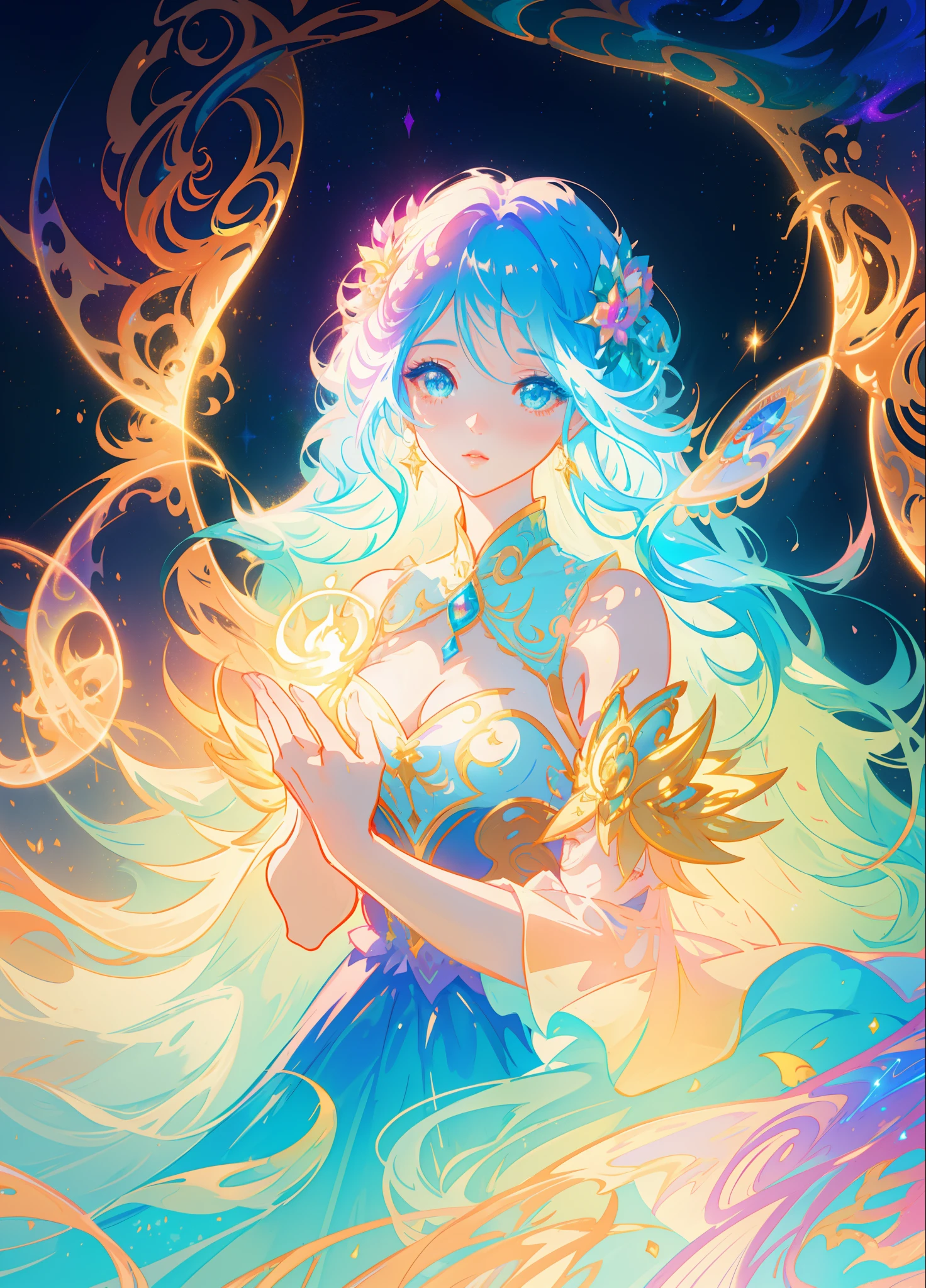 beautiful girl, puffy tiered layered ballgown, magical forest, vibrant pastel colors, (colorful), glowing golden long hair, magical lights, sparkling magical liquid, inspired by Glen Keane, inspired by Lois van Baarle, disney art style, by Lois van Baarle, glowing aura around her, by Glen Keane, jen bartel, glowing lights! digital painting, flowing glowing hair, glowing flowing hair, beautiful digital illustration, fantasia background, whimsical, magical, fantasy, ((beautiful face)), ((masterpiece, best quality)), intricate details, highly detailed, sharp focus, 8k resolution, sparkling detailed eyes, liquid watercolor