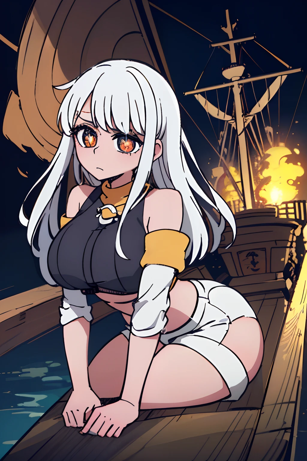 wings 1girl, ((masterpiece), best quality, expressive eyes, perfect face beautiful girl, beautiful eyes, stunning eyes, feminine, defined curves, cinematic, aesthetic, gorgeous, amazing, cute girl (busty) big breast and ass barefoot orange eyes, star-shaped pupils, streaked hair, jacketcrop top, detached sleeves, white hair booty shorts on a pirate ship