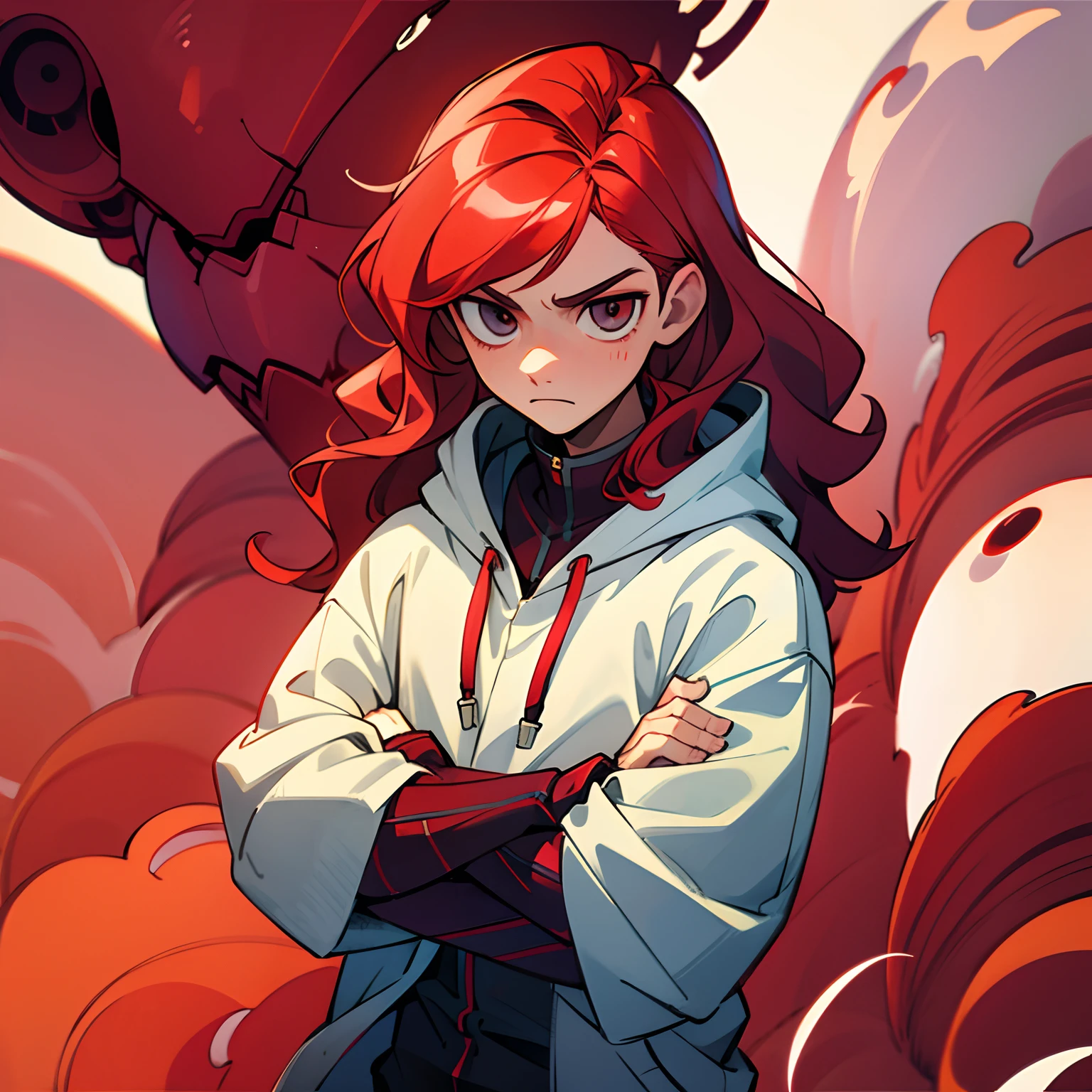 A beautiful Teenage boy standing with his hairs fluttering in wind, his crimson eyes shining in the dark, a slight smirk on his face, Blood red Crimson hair, a hint of seriousness in his face, beautiful detailed face, detailed eyes, detailed anime background,